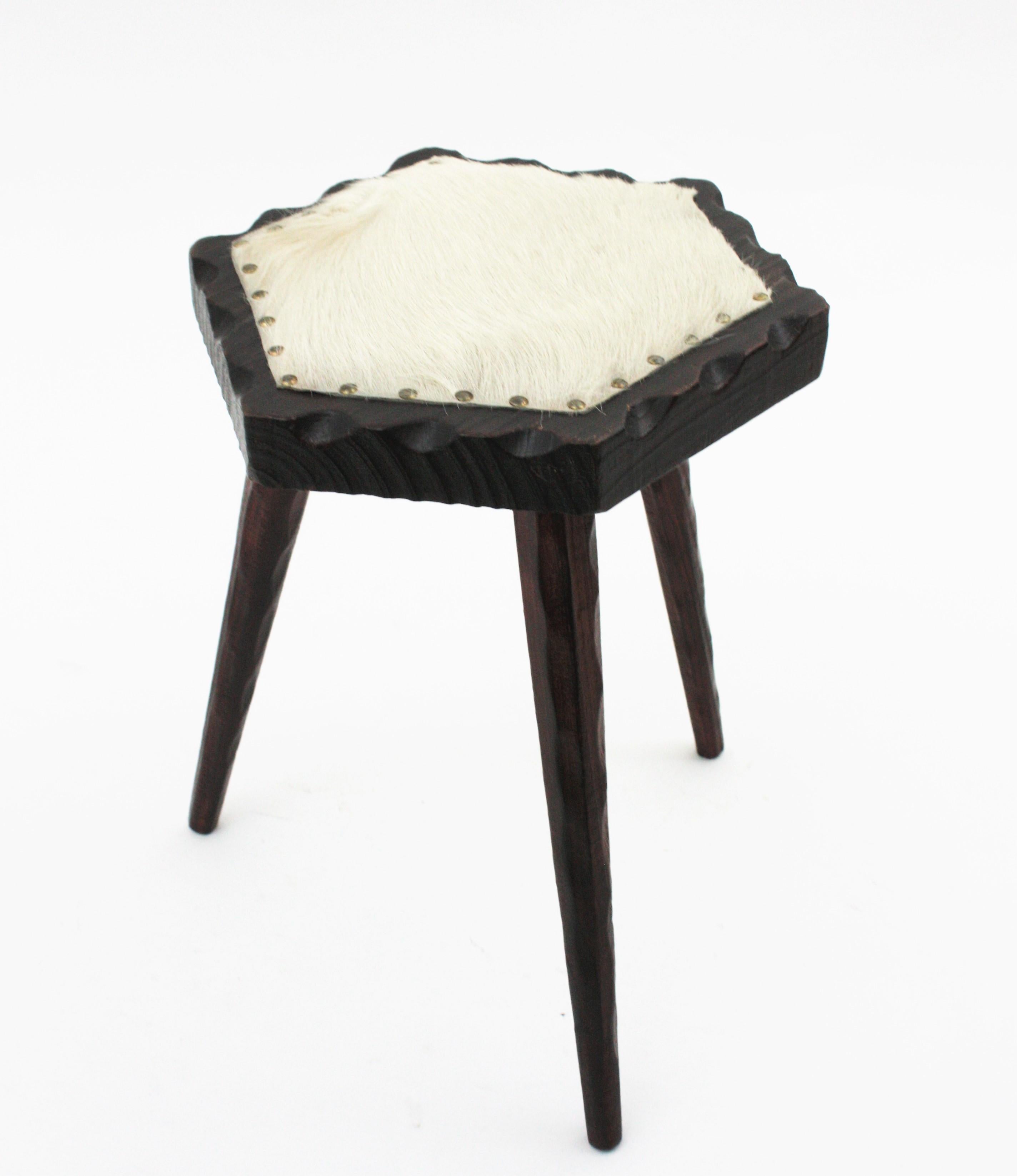 Spanish Colonial Hexagonal Tripod Stool in Wood and Fur  For Sale 2