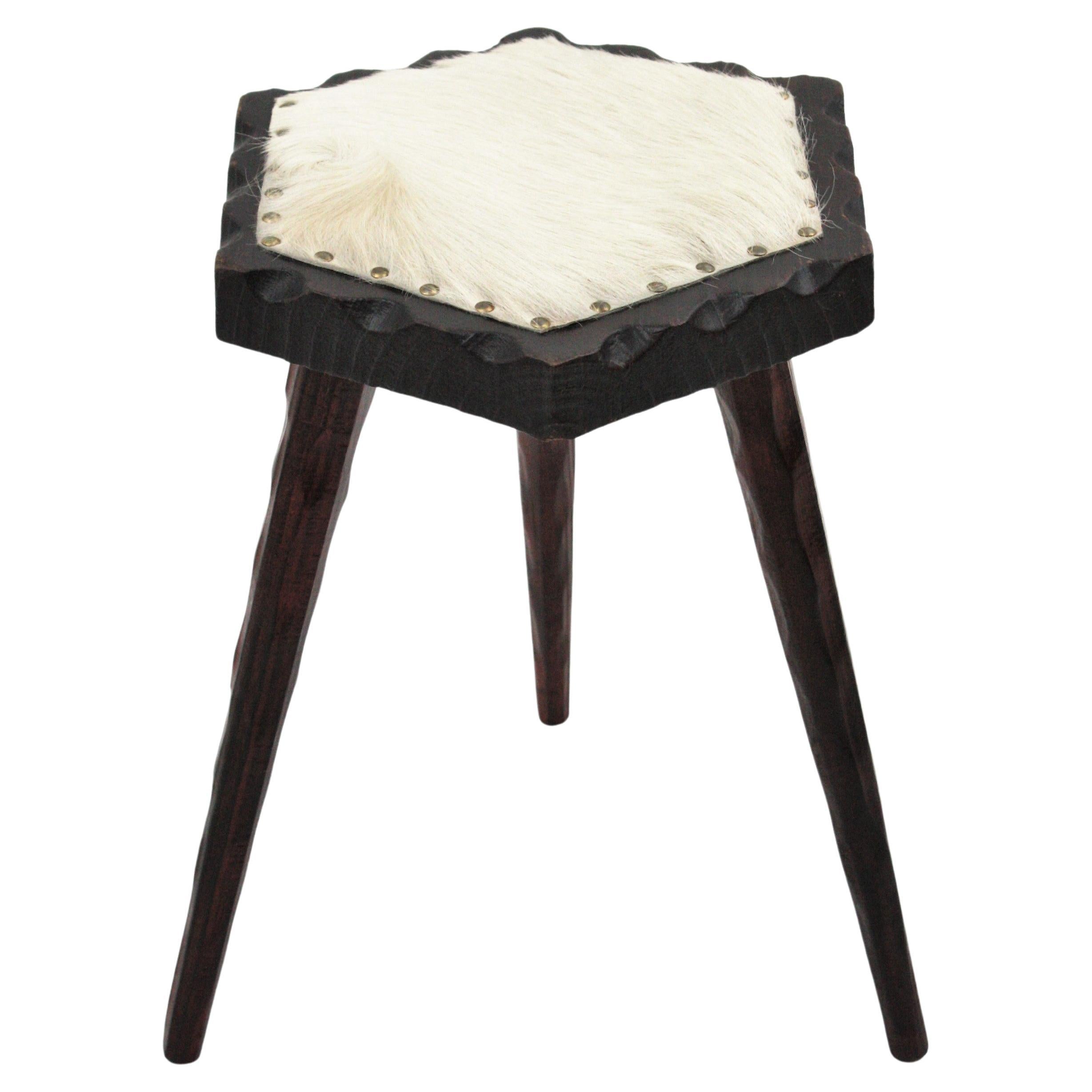 Spanish Colonial Hexagonal Tripod Stool in Wood and Fur 
