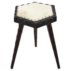 Used Spanish Colonial Hexagonal Tripod Stool in Wood and Fur 