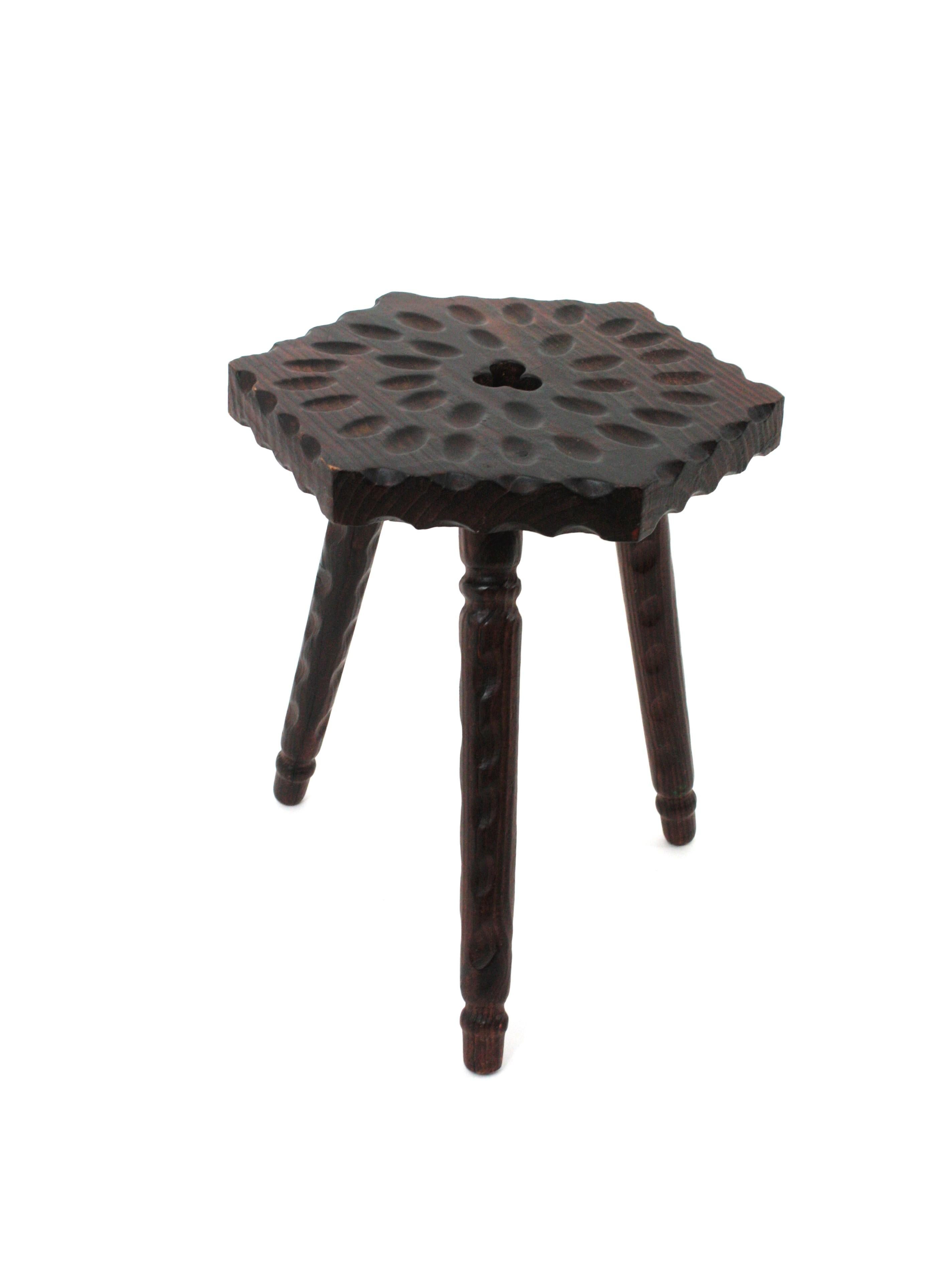 Spanish Colonial Hexagonal Tripod Stool / Side Table in Carved Wood For Sale 5