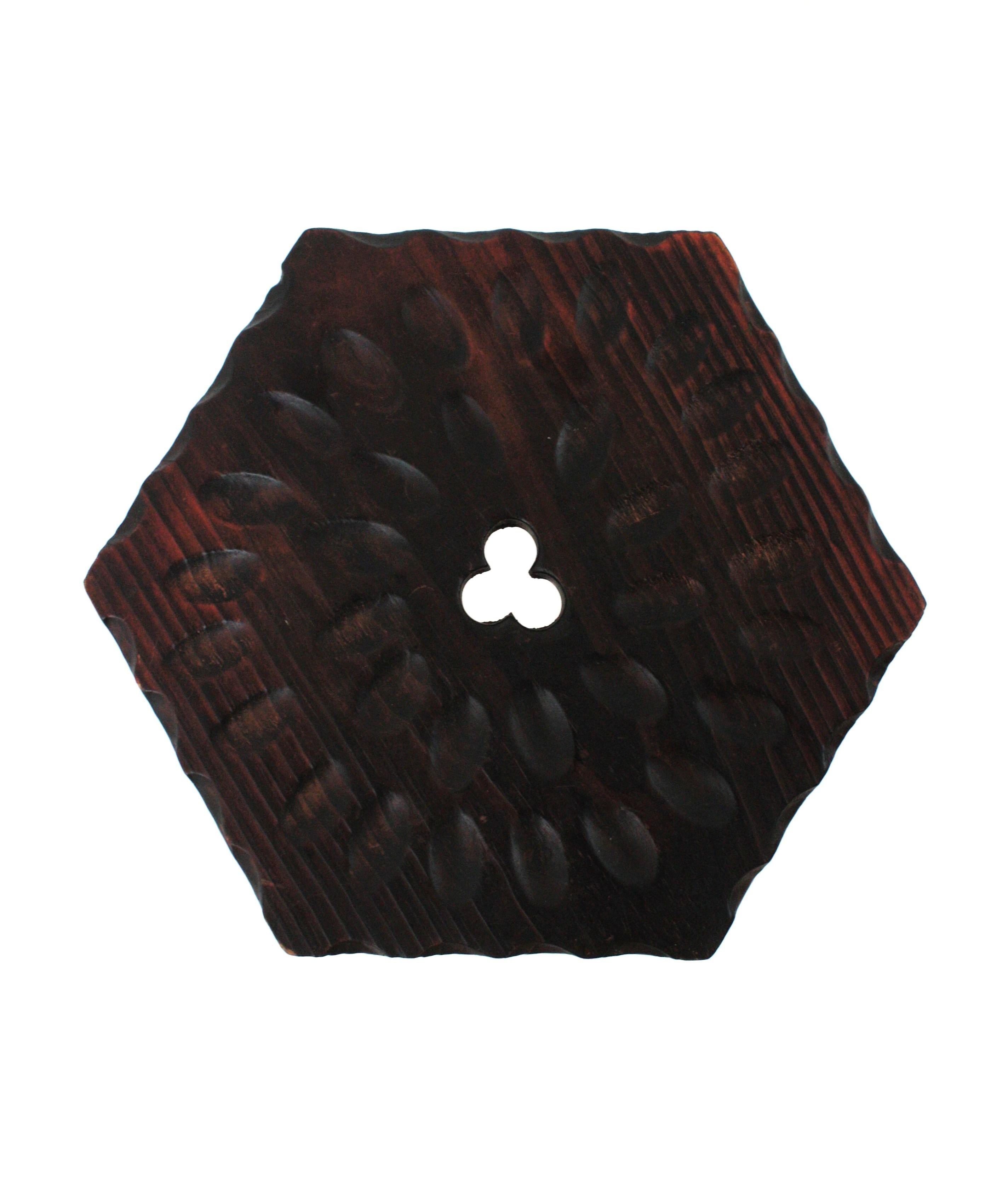 Spanish Colonial Hexagonal Tripod Stool / Side Table in Carved Wood For Sale 6
