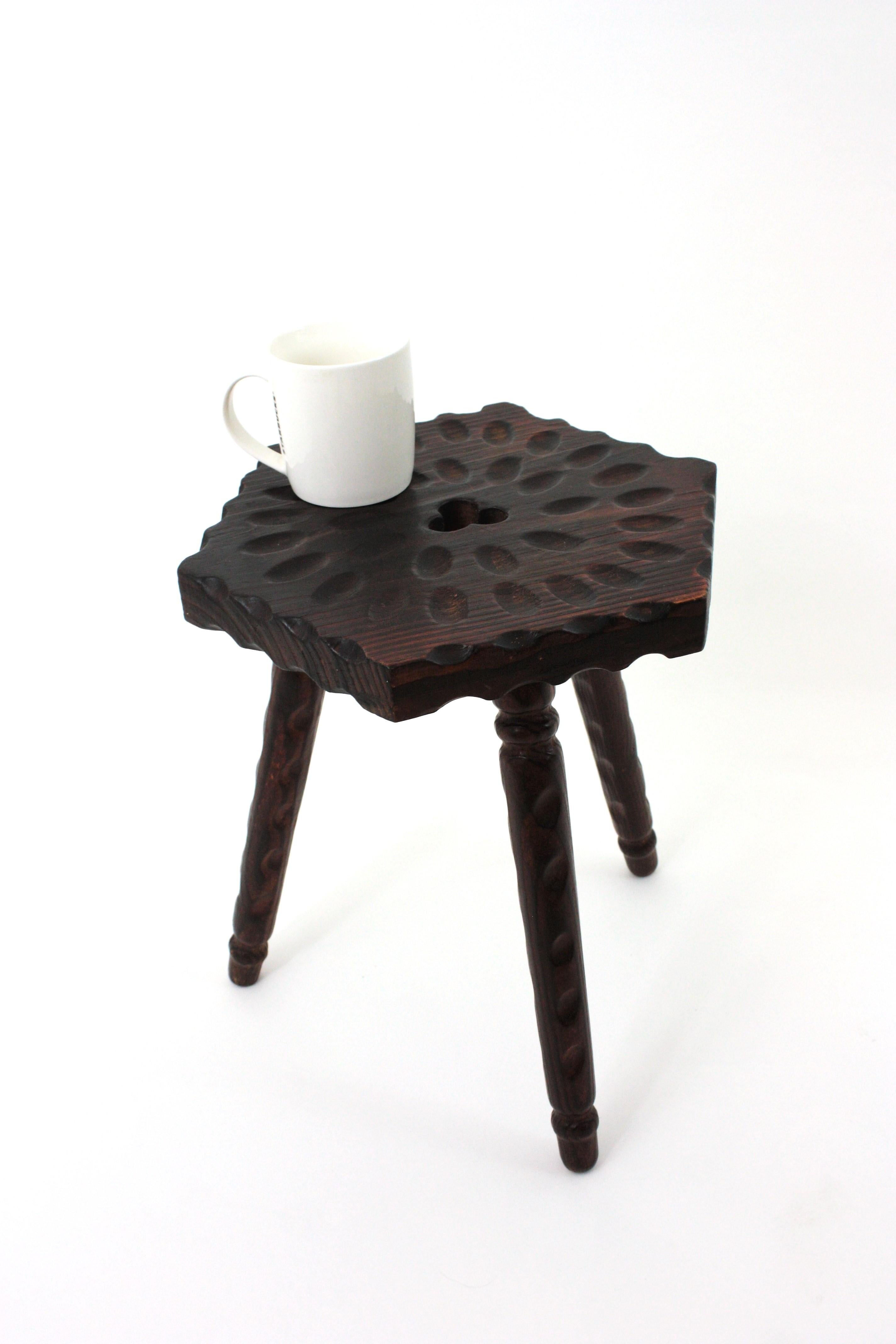 Spanish Colonial Hexagonal Tripod Stool / Side Table in Carved Wood For Sale 9