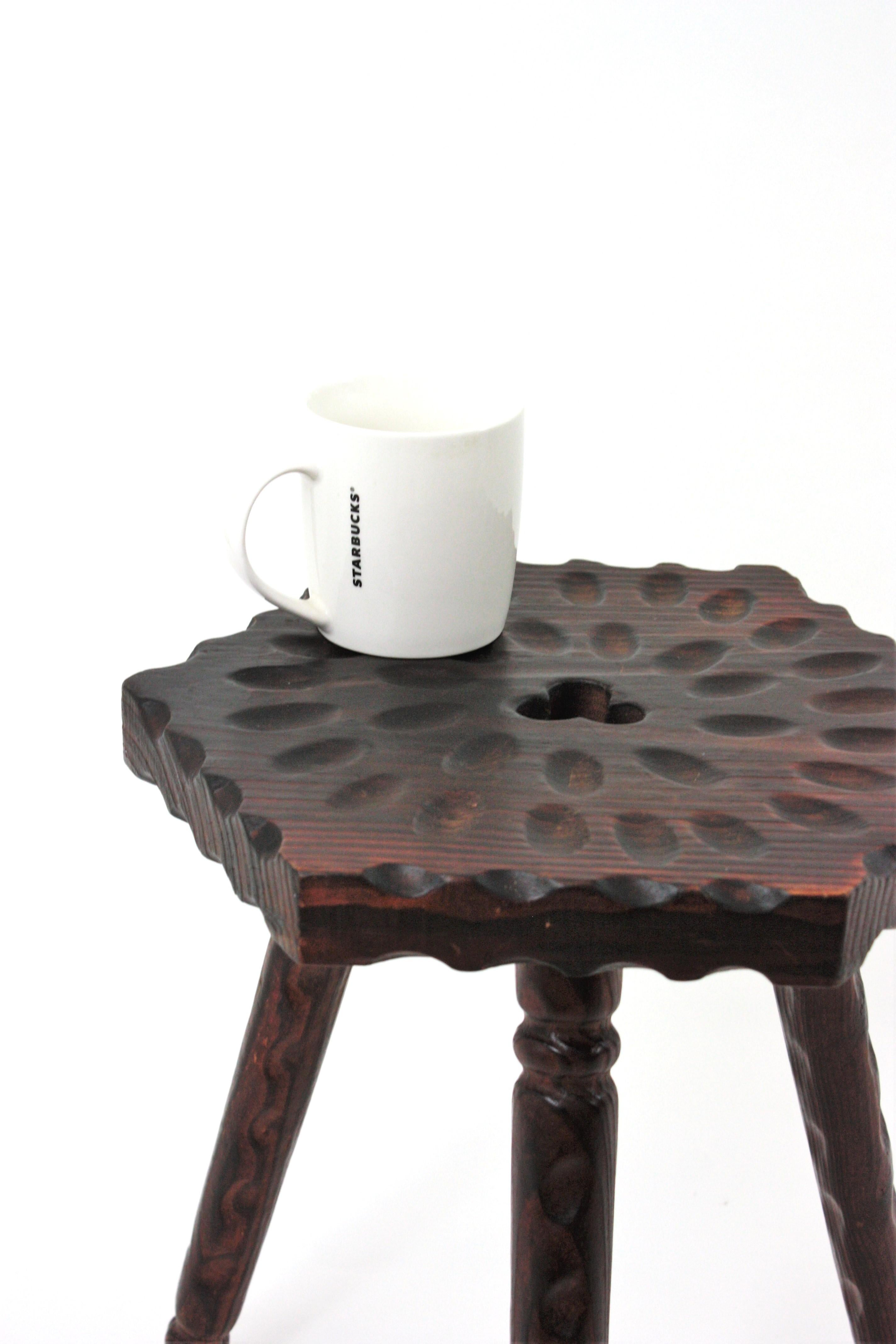 Spanish Colonial Hexagonal Tripod Stool / Side Table in Carved Wood For Sale 10