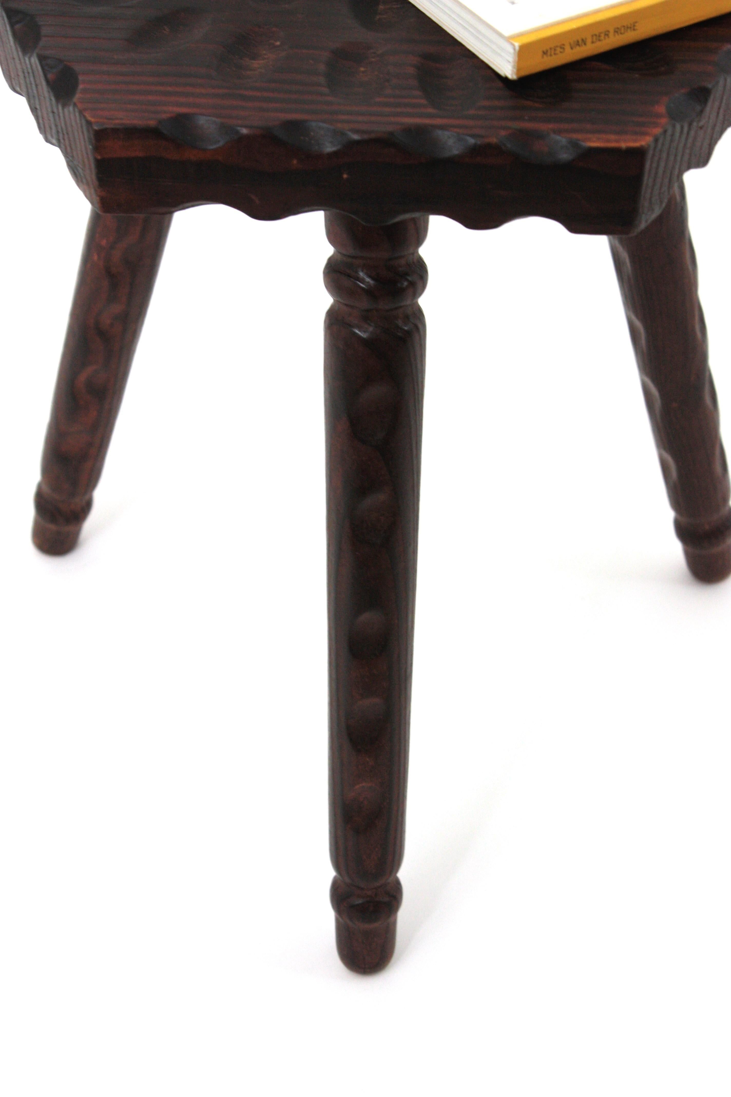 Spanish Colonial Hexagonal Tripod Stool / Side Table in Carved Wood For Sale 11