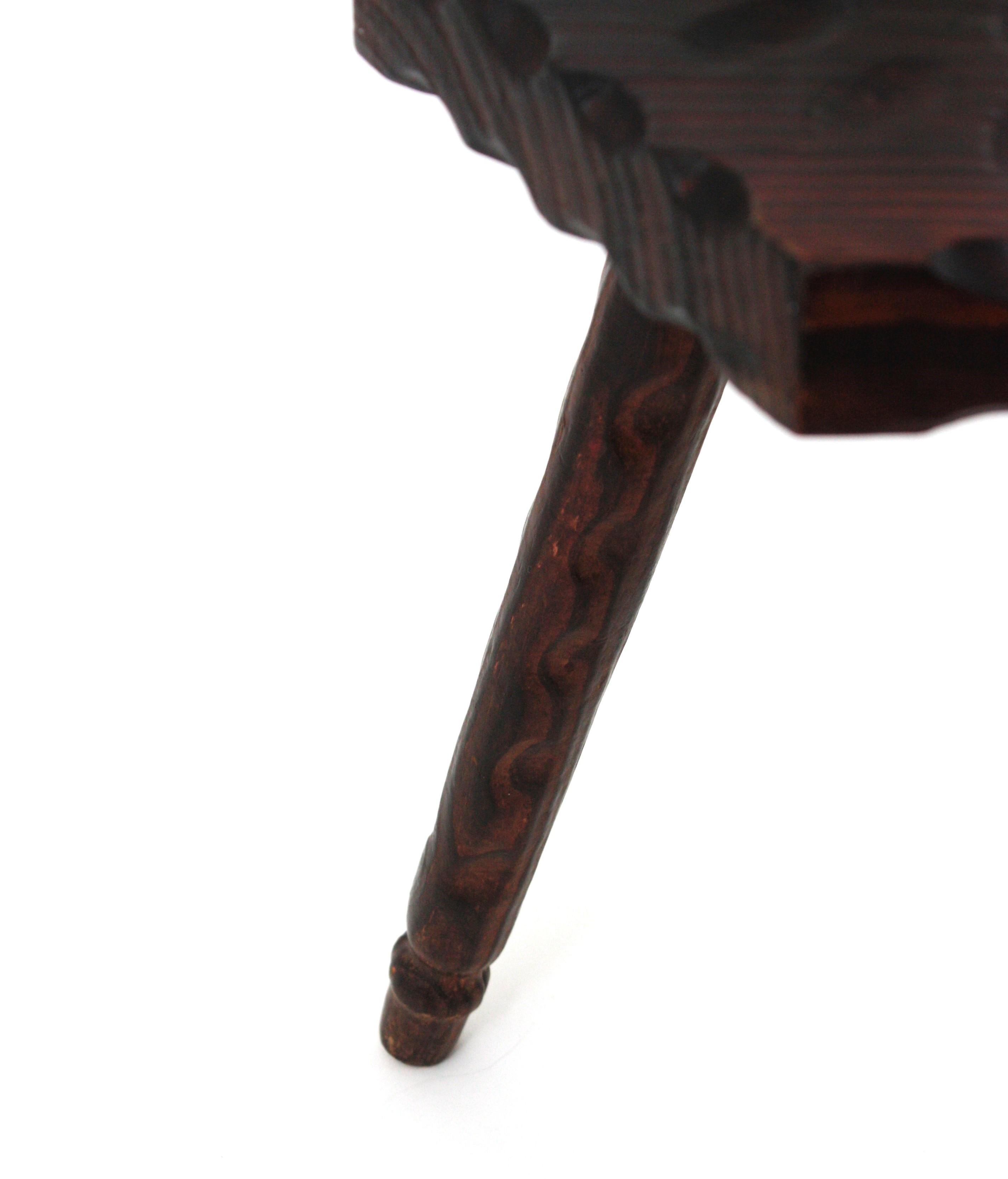 Spanish Colonial Hexagonal Tripod Stool / Side Table in Carved Wood For Sale 12