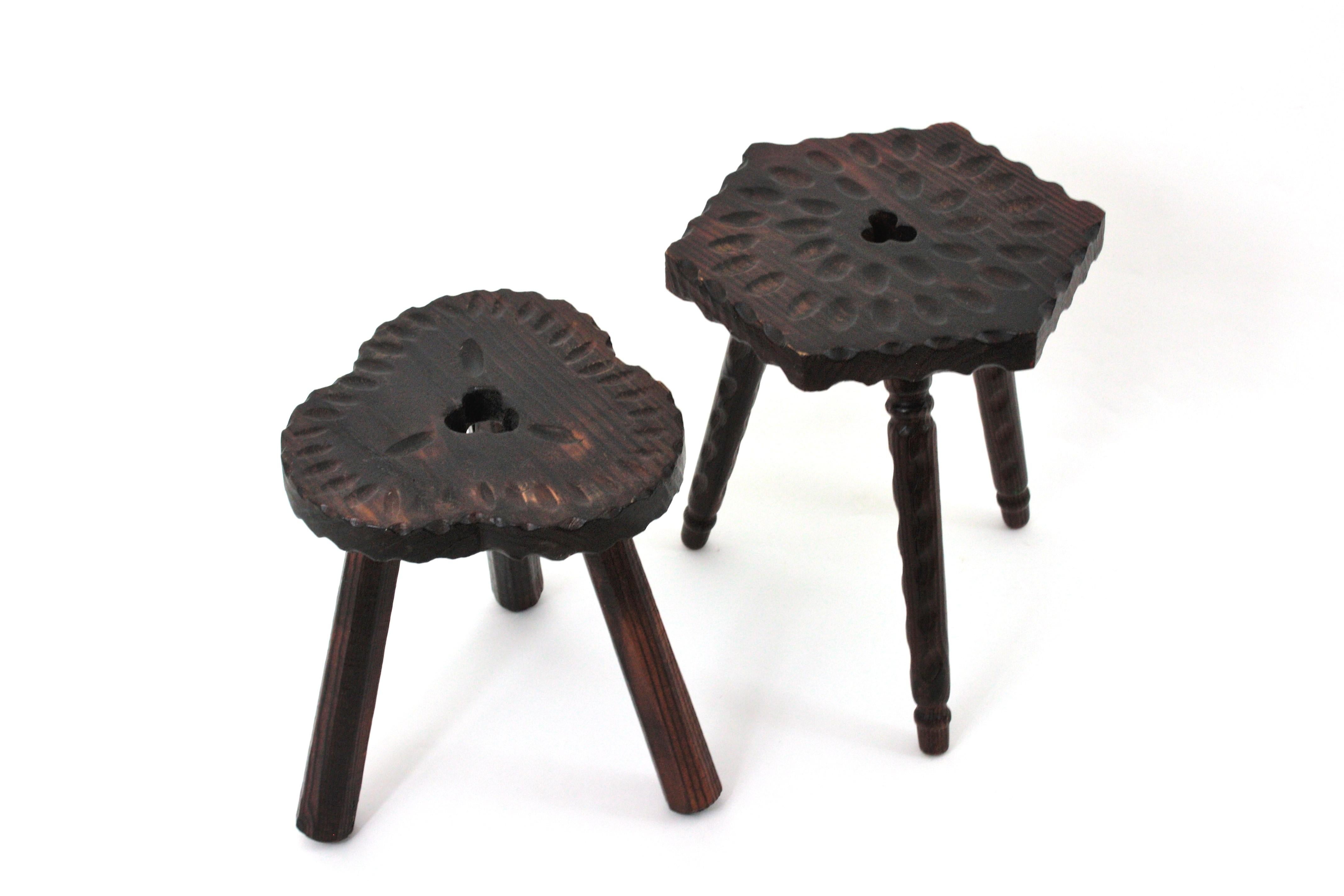 Spanish Colonial Hexagonal Tripod Stool / Side Table in Carved Wood For Sale 14