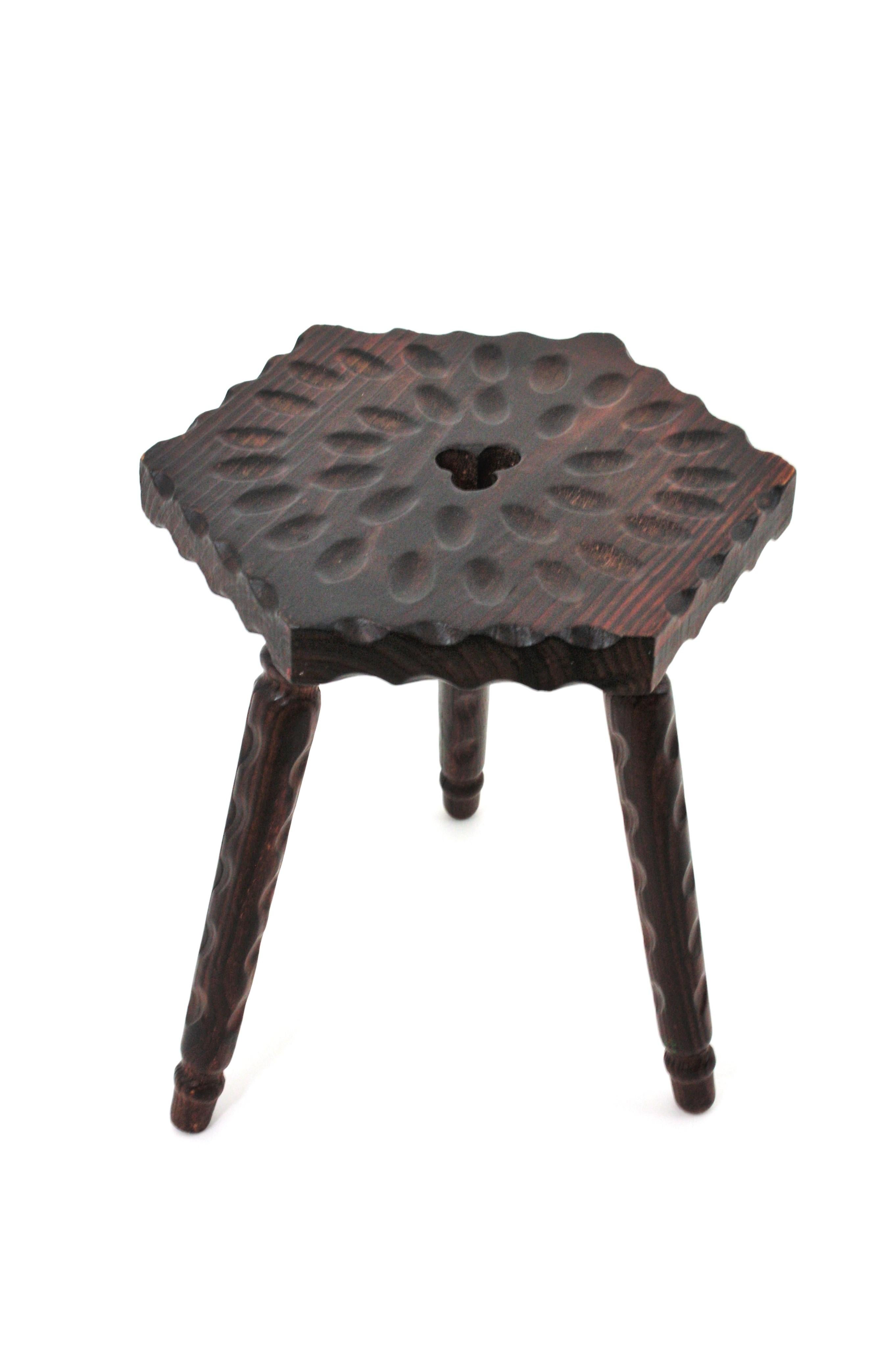 Hand-Crafted Spanish Colonial Hexagonal Tripod Stool / Side Table in Carved Wood For Sale