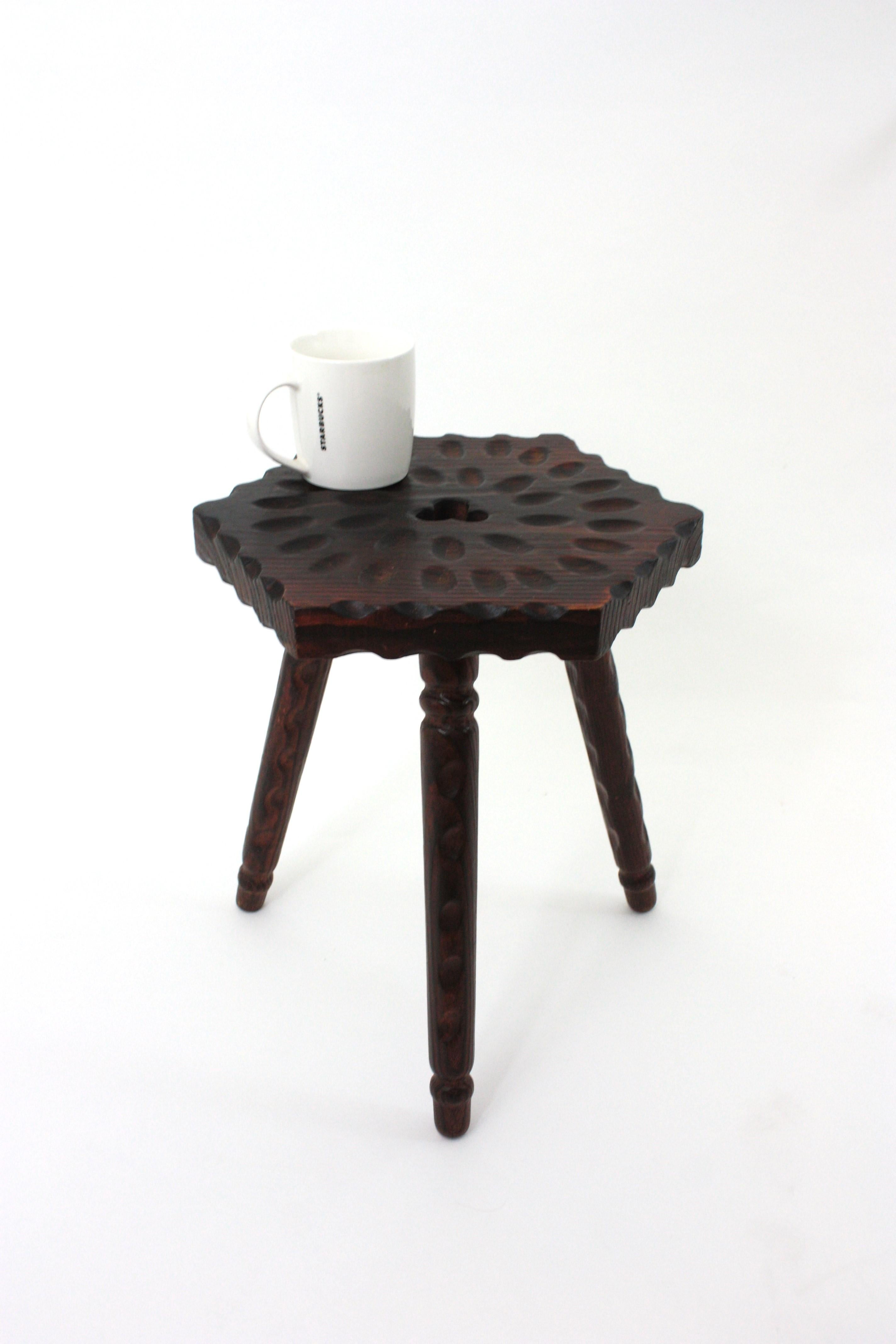 20th Century Spanish Colonial Hexagonal Tripod Stool / Side Table in Carved Wood For Sale
