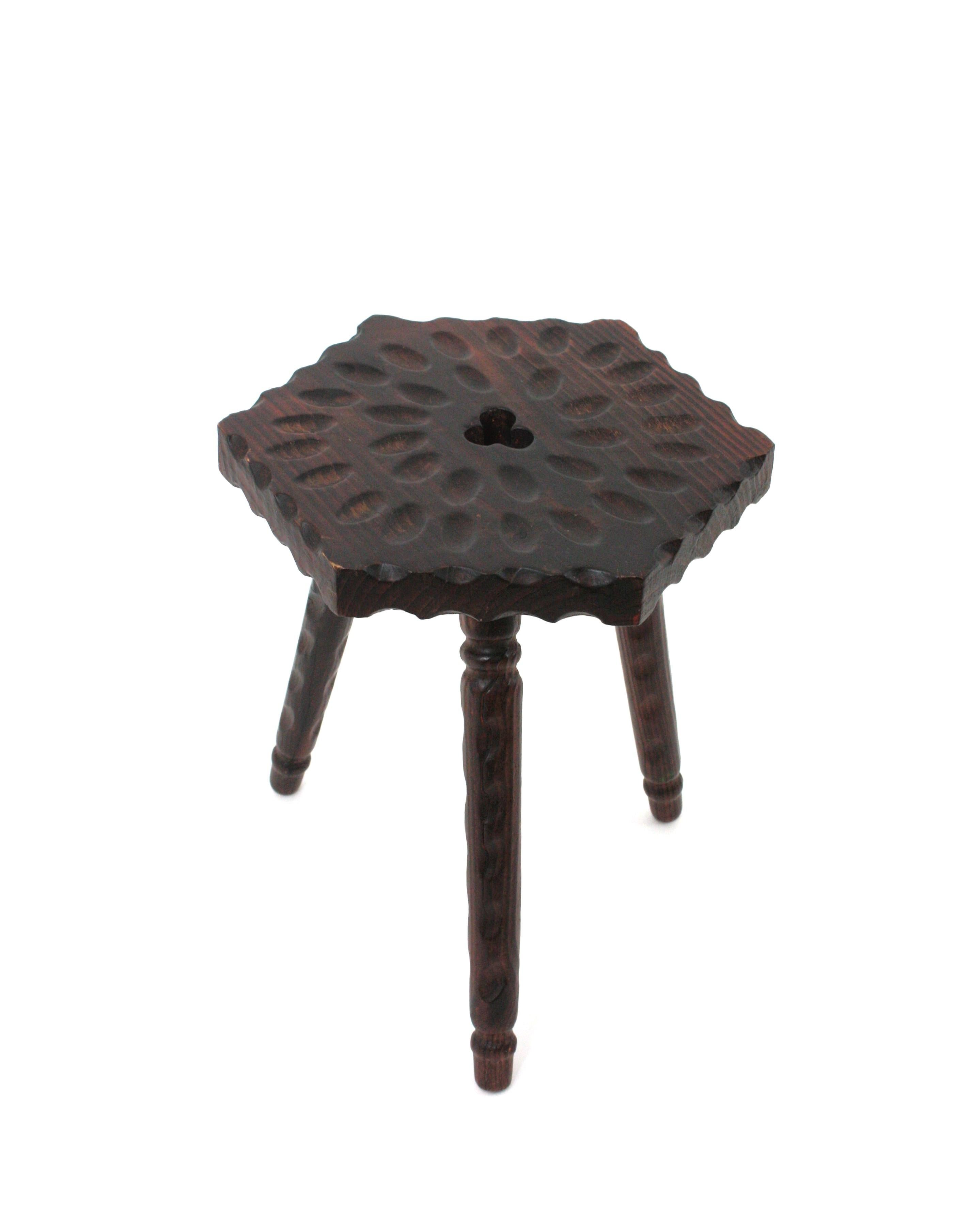 Spanish Colonial Hexagonal Tripod Stool / Side Table in Carved Wood For Sale 4