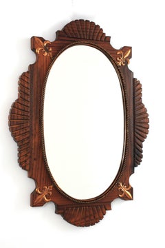 Spanish Colonial Large Oval Mirror in Carved Wood, Copper Fleur de Lys Details