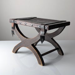 Spanish Colonial Leather and Forged Iron Curule Stool, Mexico, 1940s