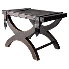 Spanish Colonial Leather and Forged Iron Curule Stool, Mexico, 1940s