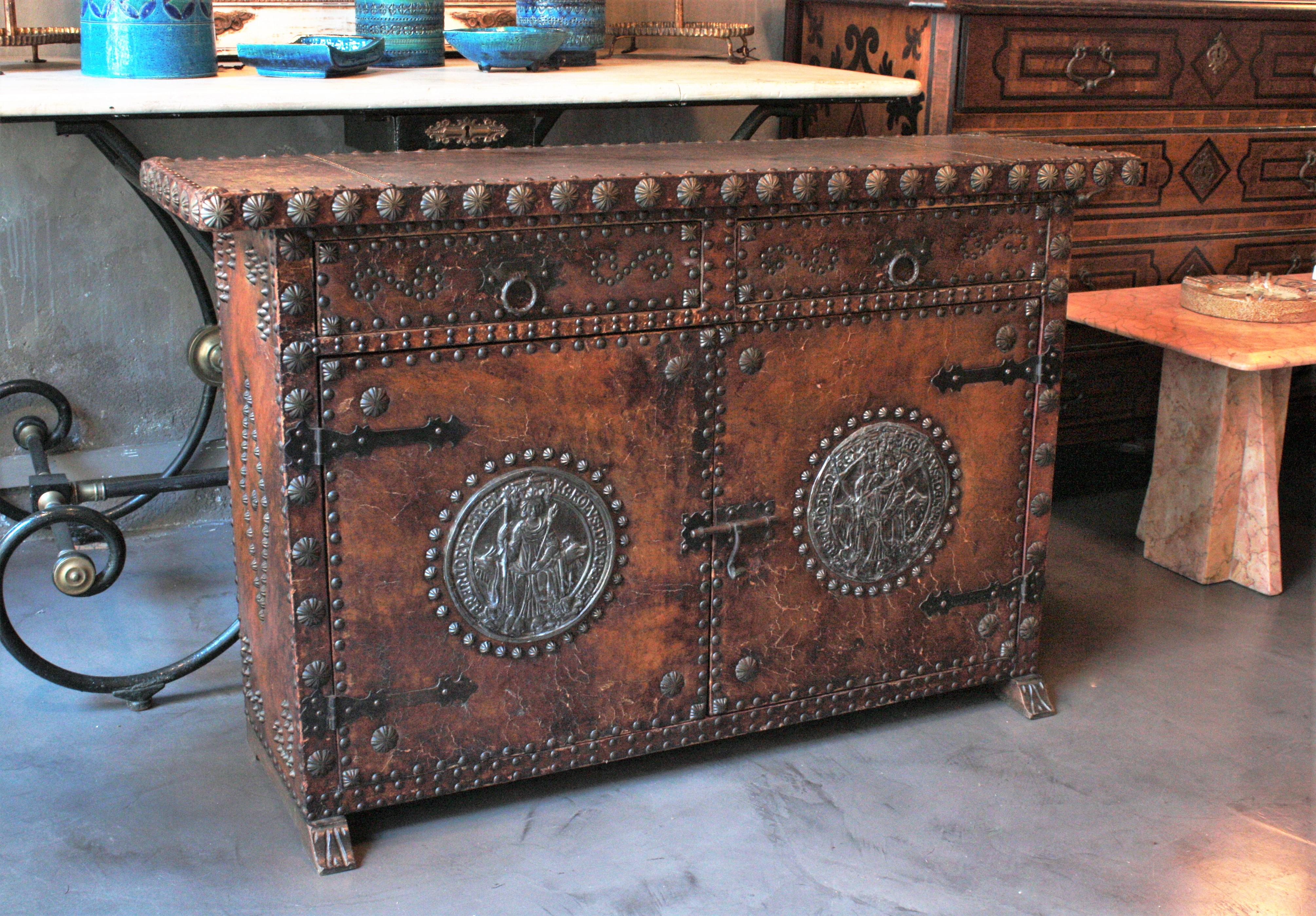 Spanish Colonial Leather Credenza or Buffet with Silvered Iron Studs 3
