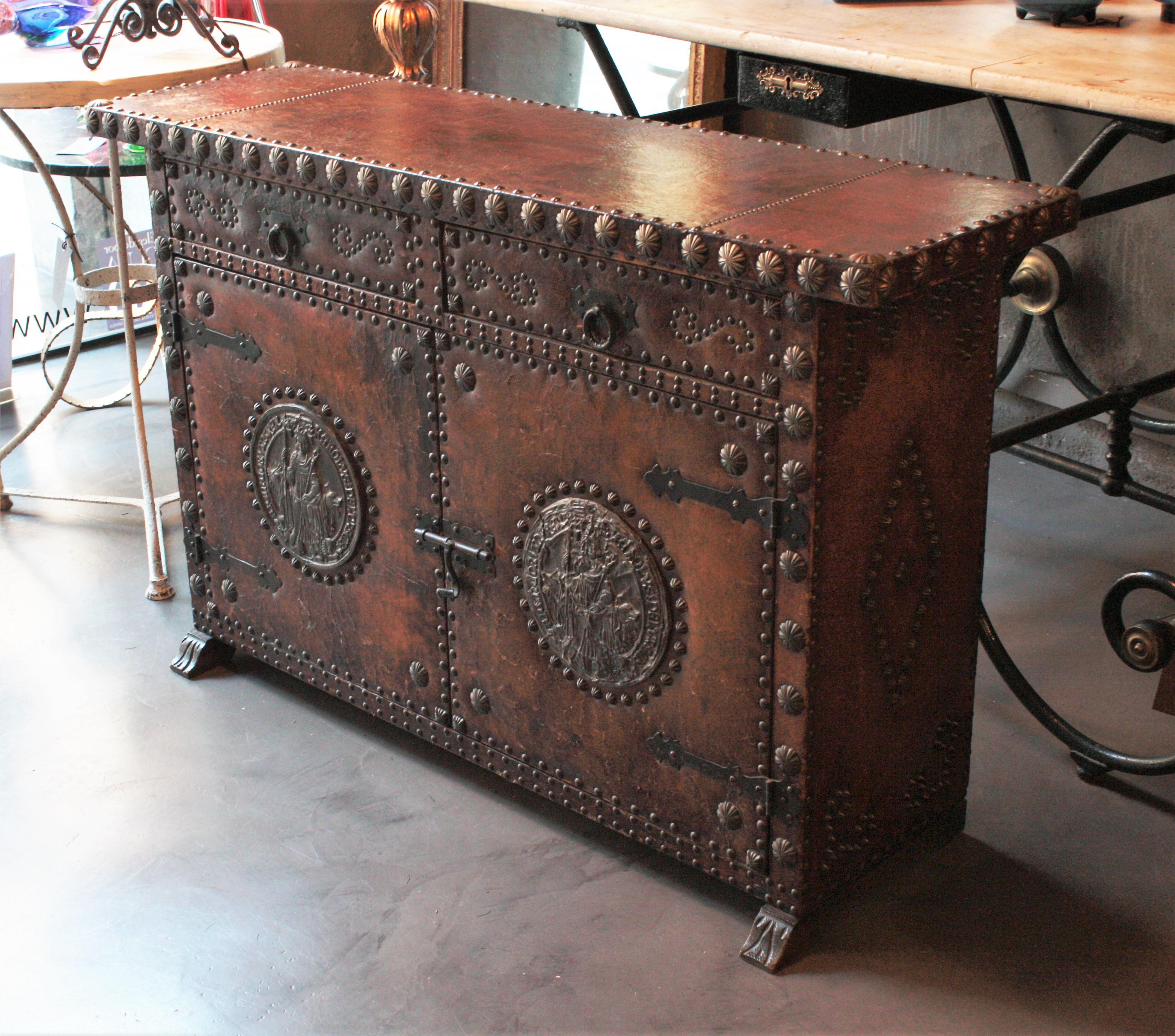 Spanish Colonial Leather Credenza or Buffet with Silvered Iron Studs 4