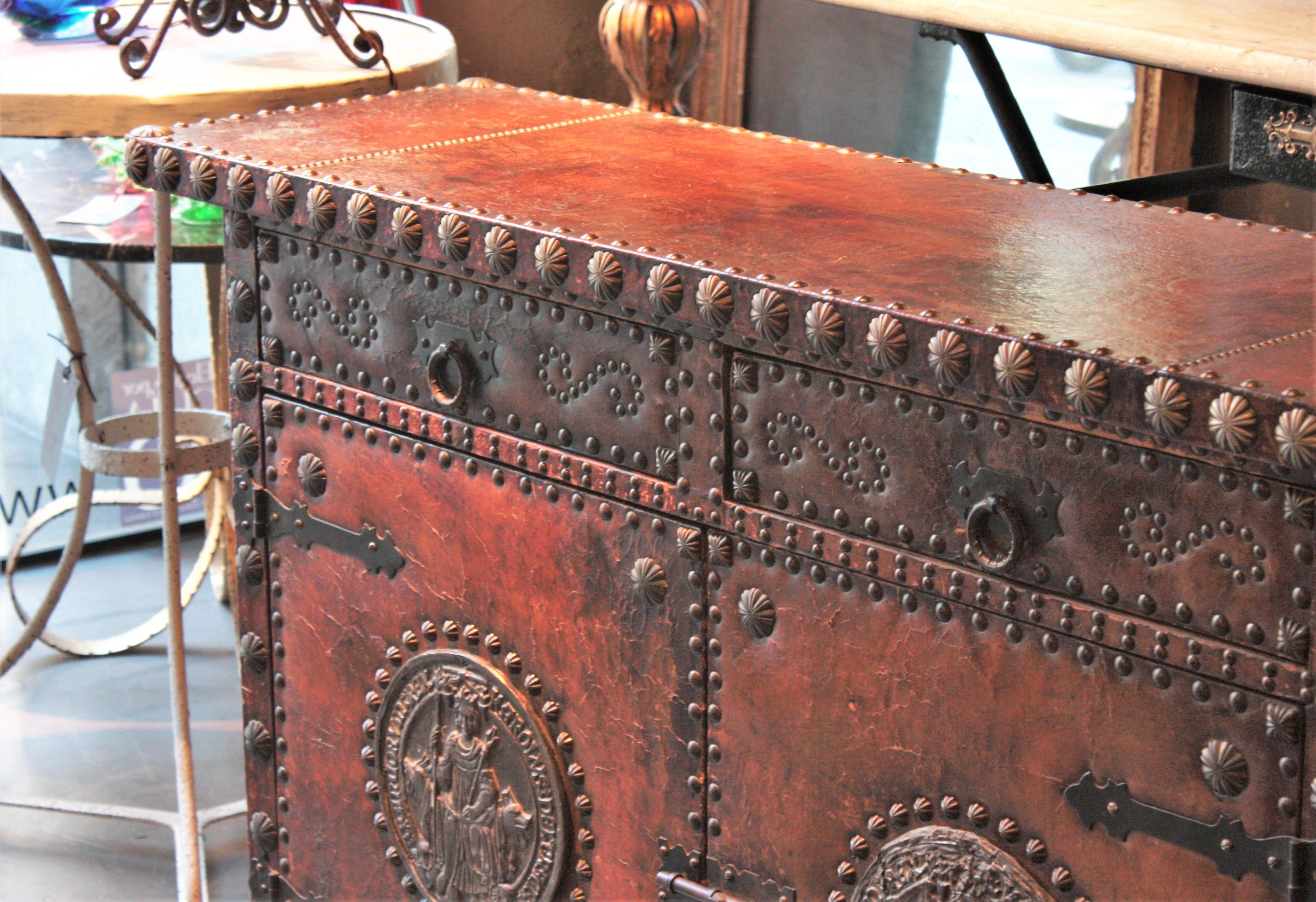 Spanish Colonial Leather Credenza or Buffet with Silvered Iron Studs 5
