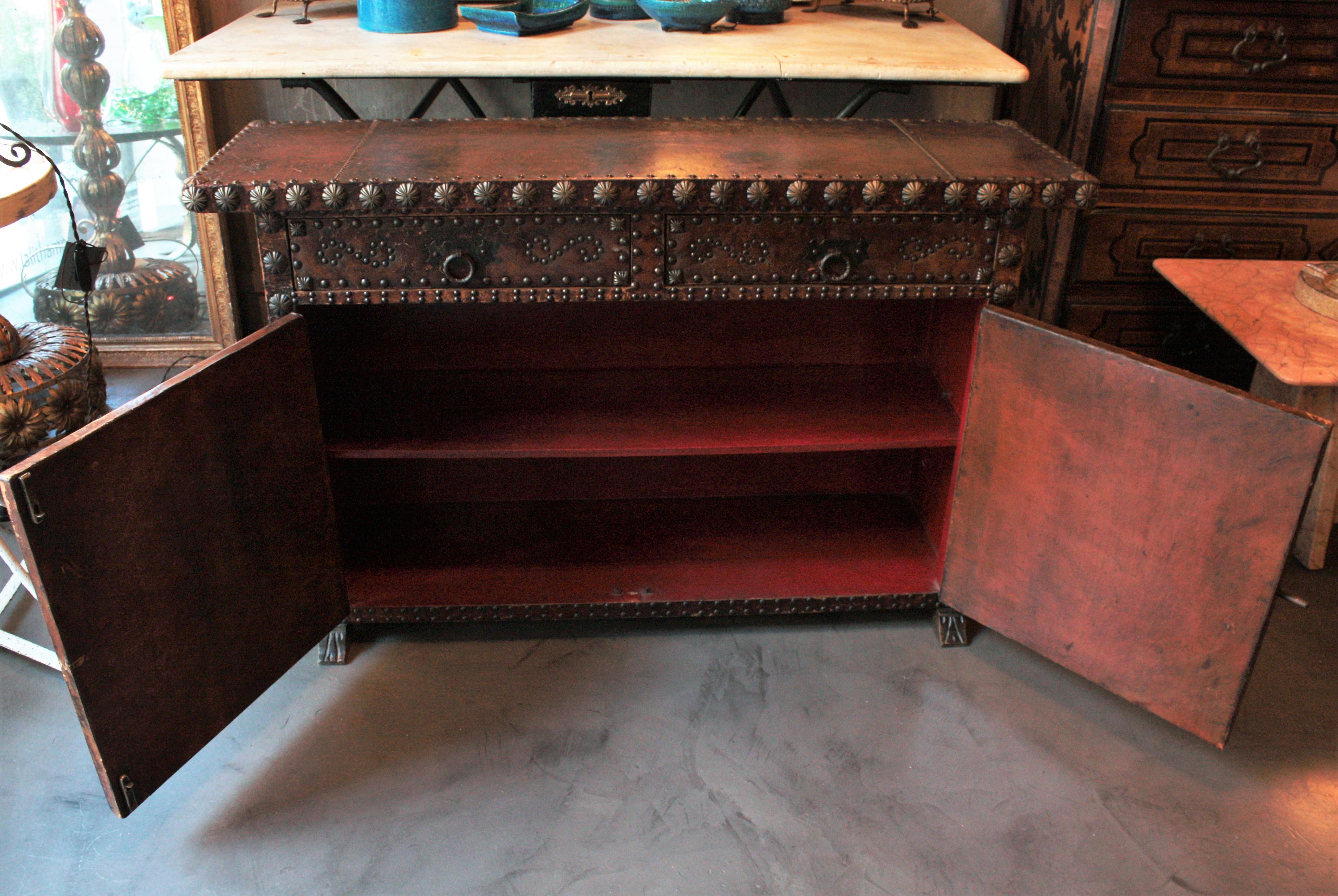 Spanish Colonial Leather Credenza or Buffet with Silvered Iron Studs 10