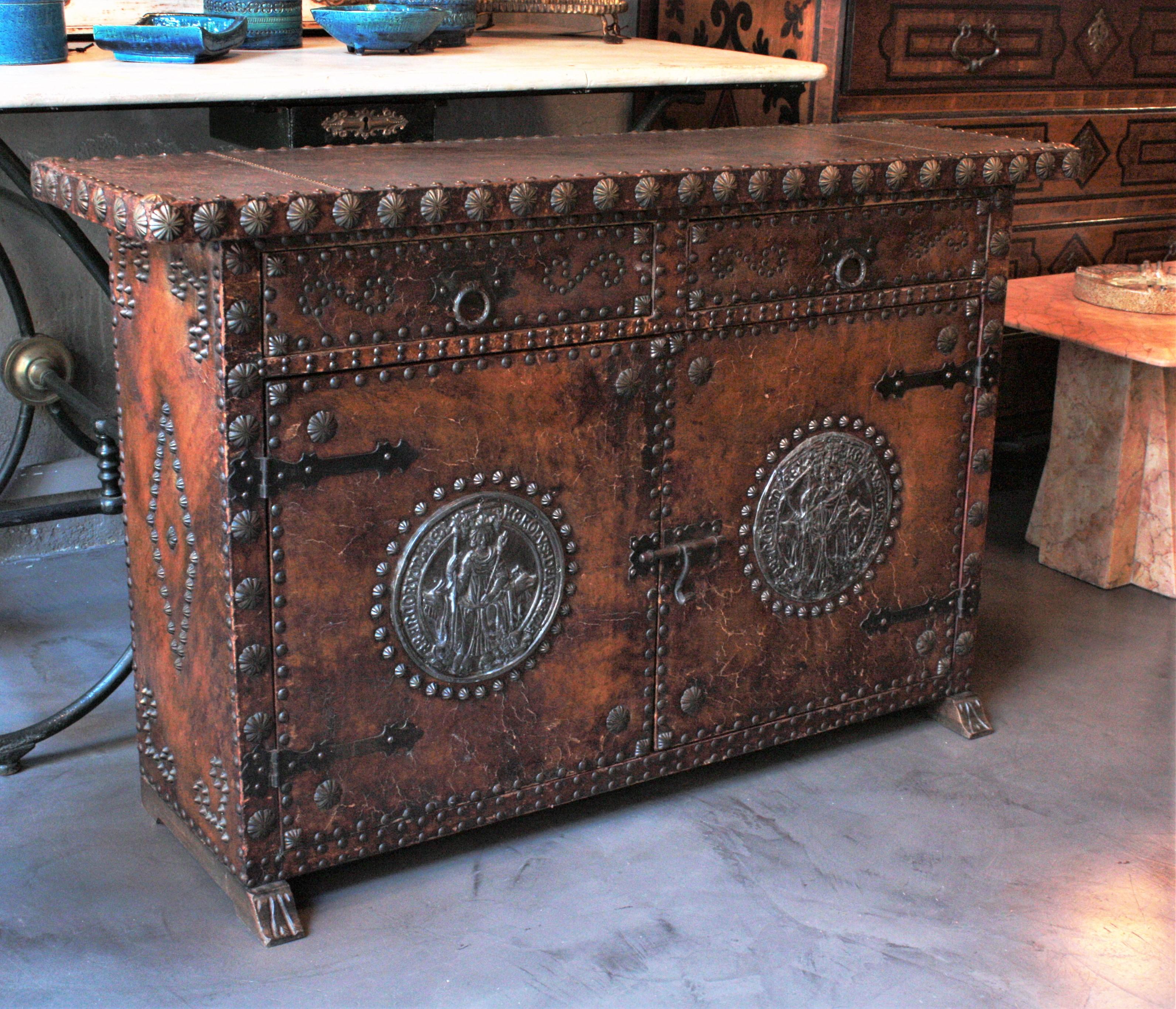 20th Century Spanish Colonial Leather Credenza or Buffet with Silvered Iron Studs