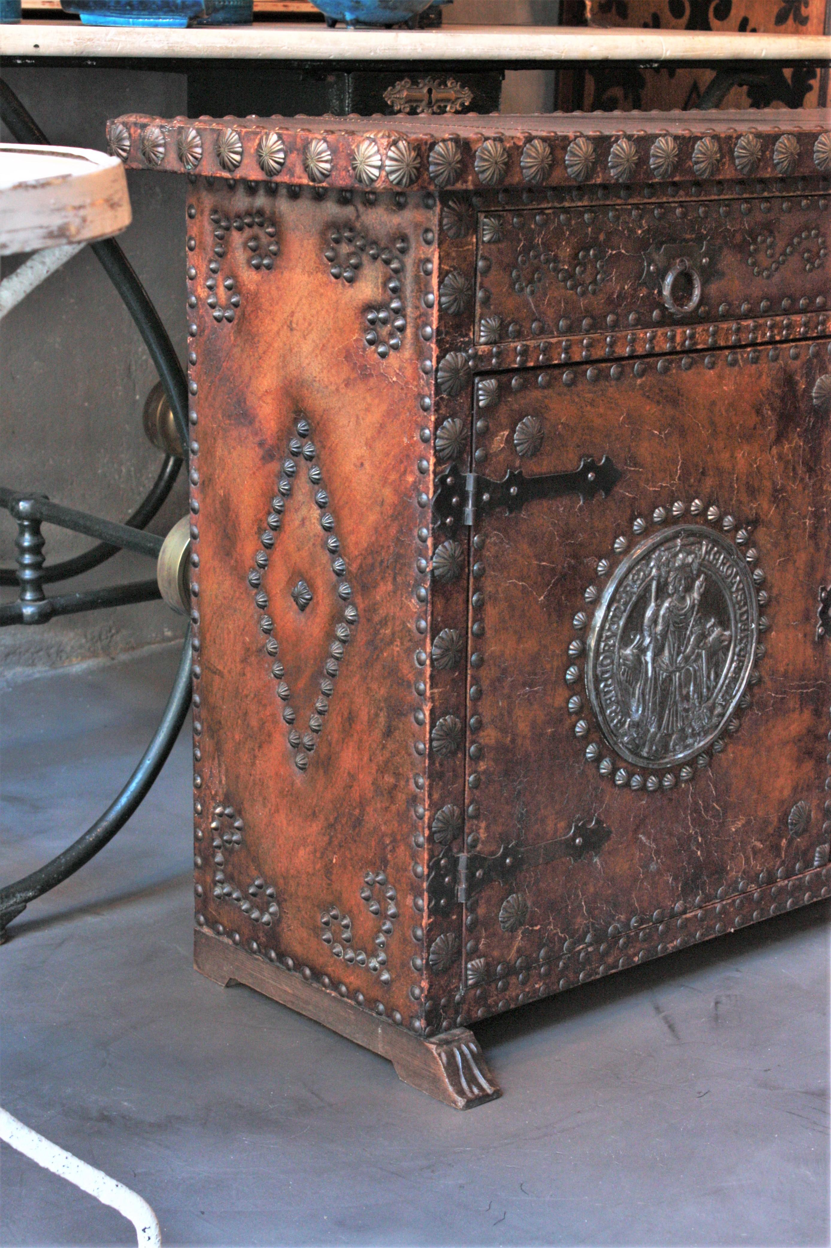 Wood Spanish Colonial Leather Credenza or Buffet with Silvered Iron Studs