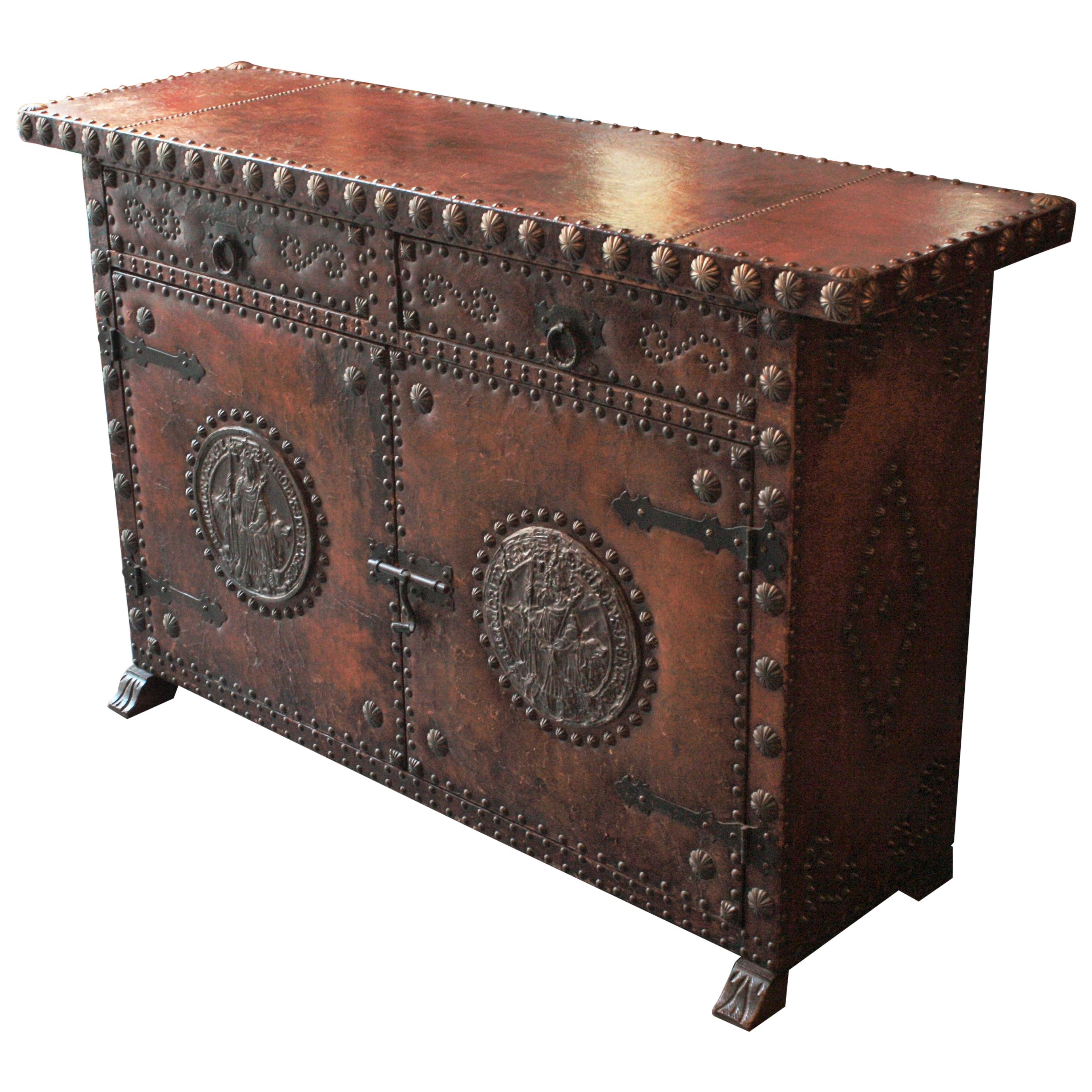 Spanish Colonial Leather Credenza or Buffet with Silvered Iron Studs