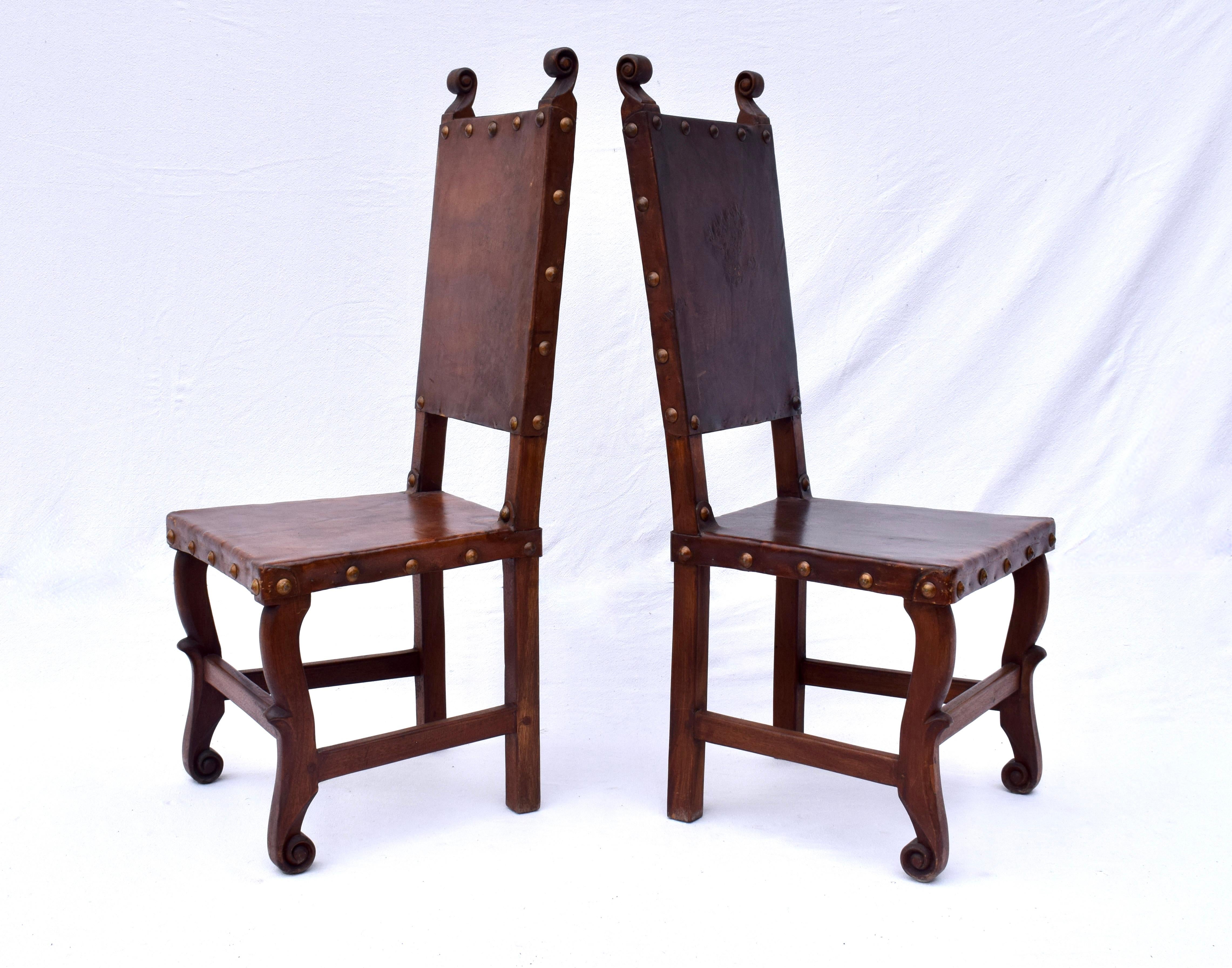 Mexican Spanish Colonial Leather Dining Chairs, Pair