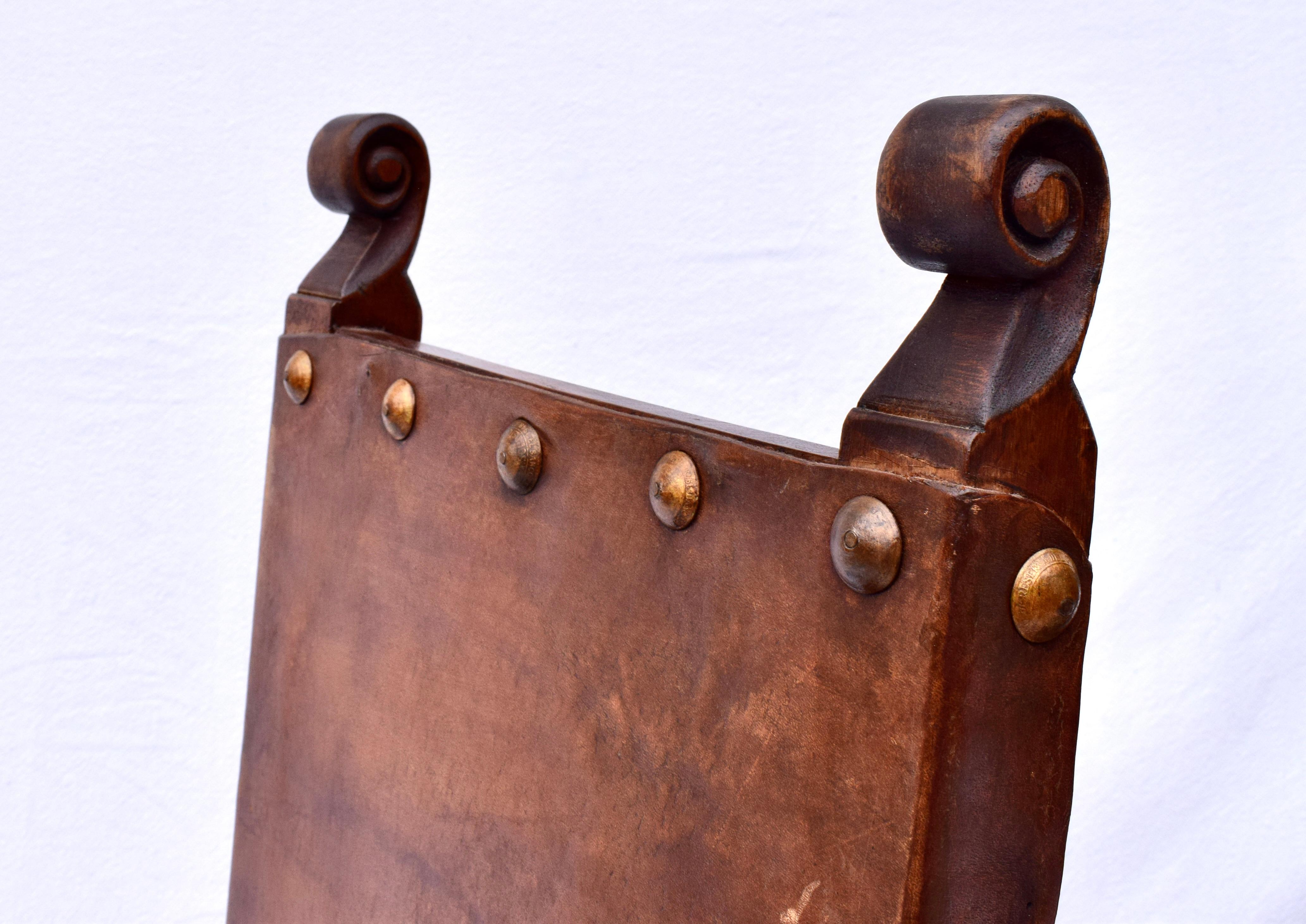 Spanish Colonial Leather Dining Chairs, Pair In Good Condition In Southampton, NJ