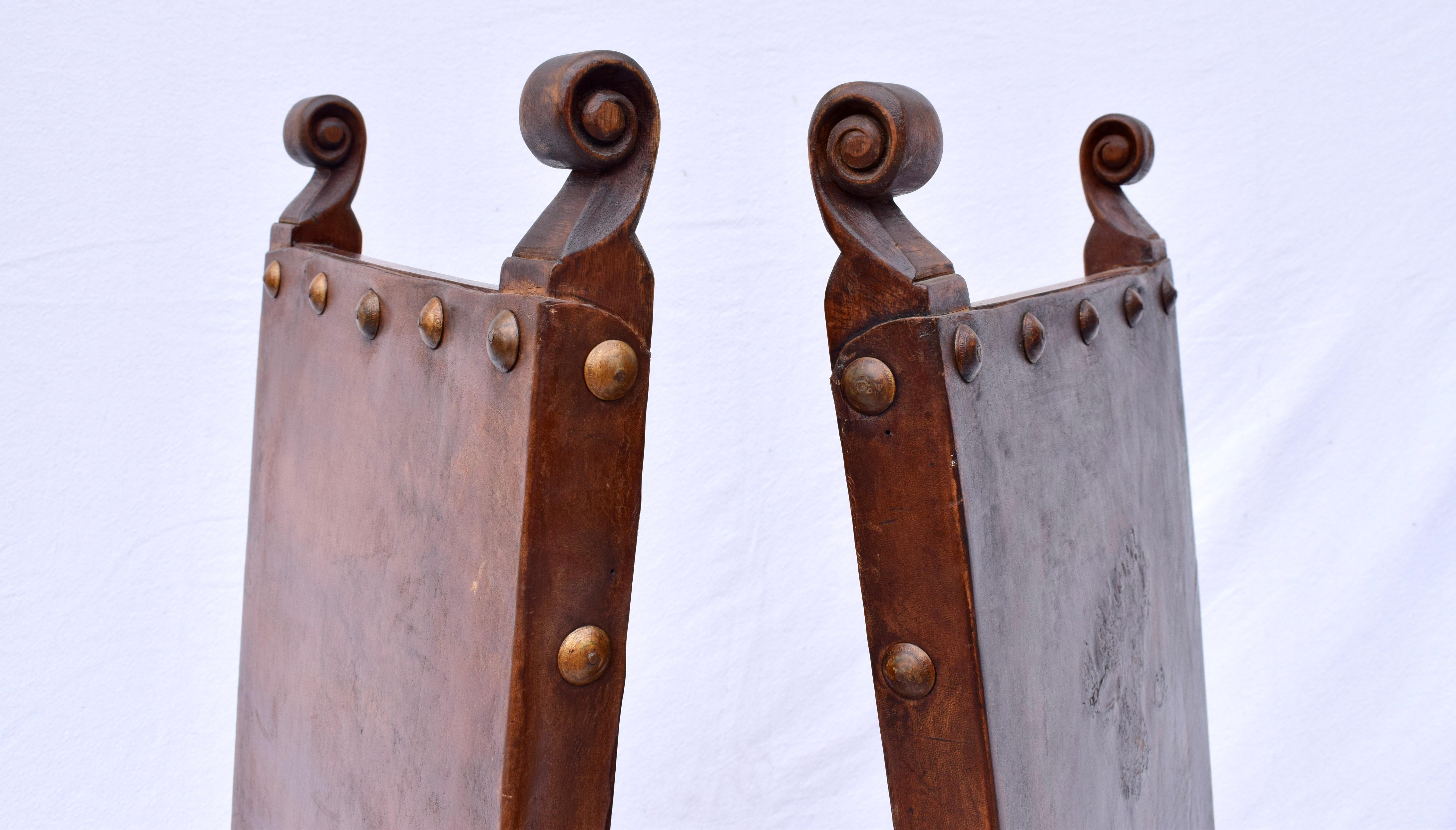 20th Century Spanish Colonial Leather Dining Chairs, Pair