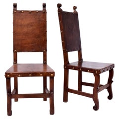Spanish Colonial Leather Dining Chairs, Pair