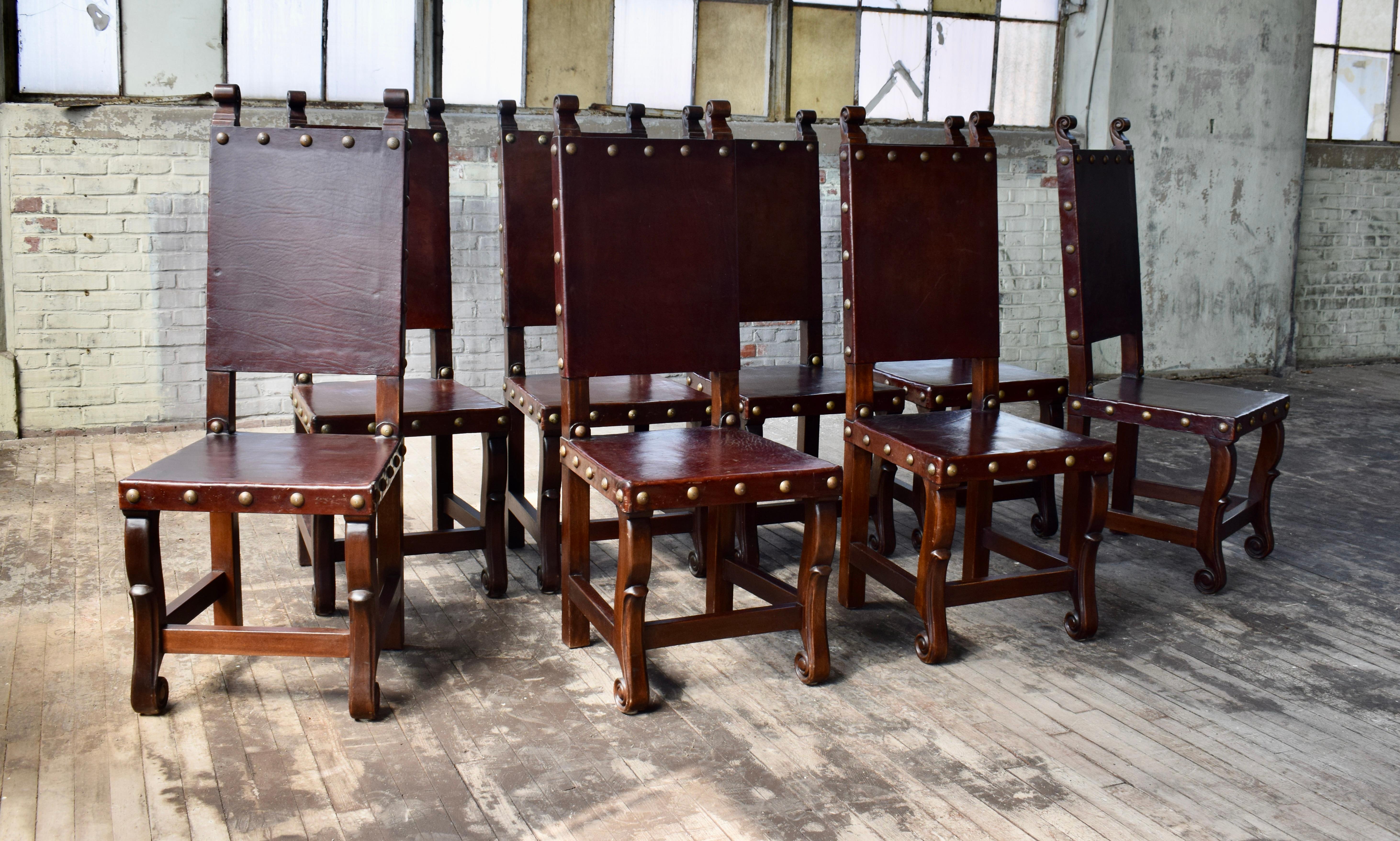 Mexican Spanish Colonial Leather Dining Chairs, Set of 10 For Sale