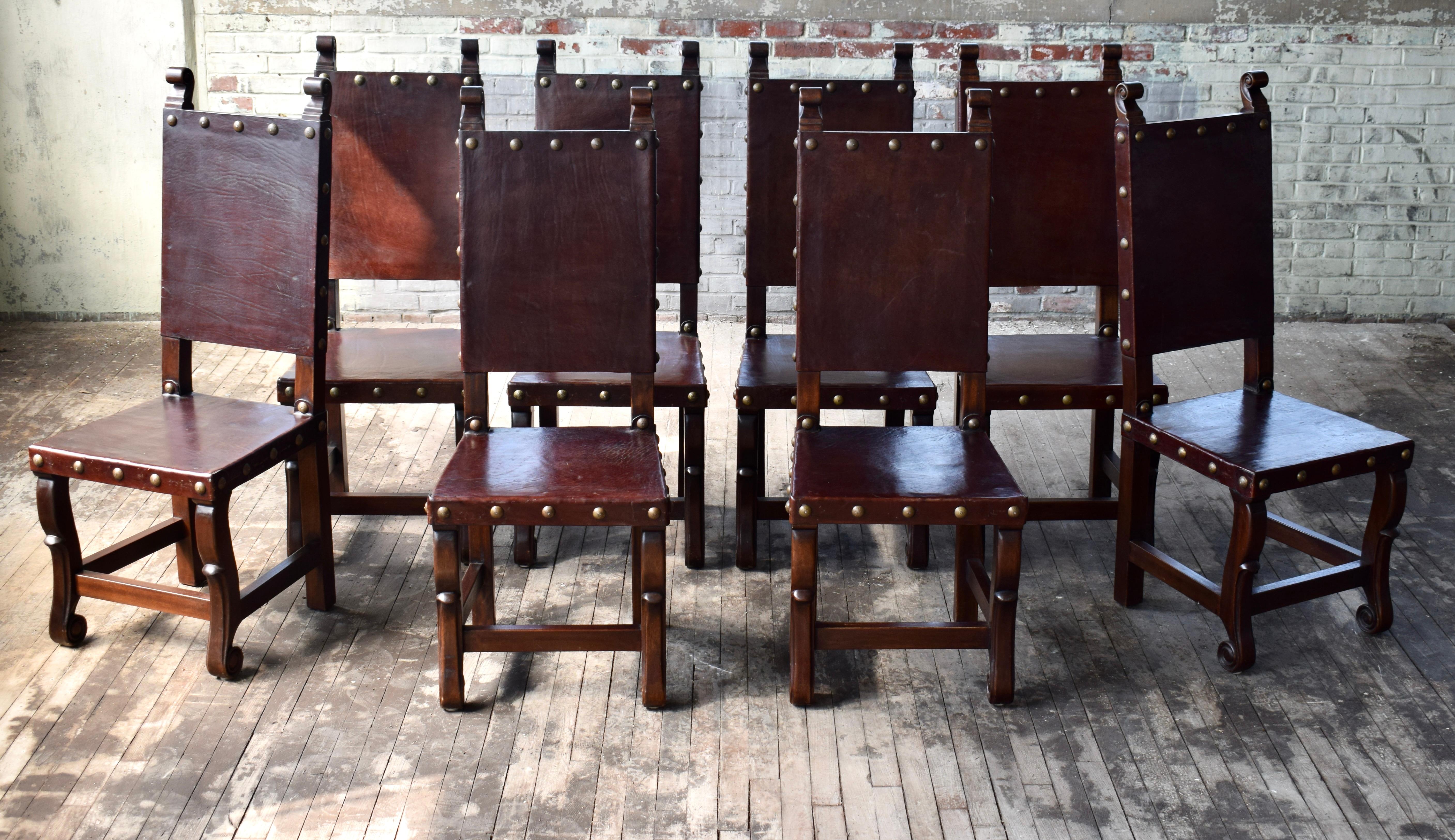 Spanish Colonial Leather Dining Chairs, Set of 10 In Good Condition For Sale In Southampton, NJ