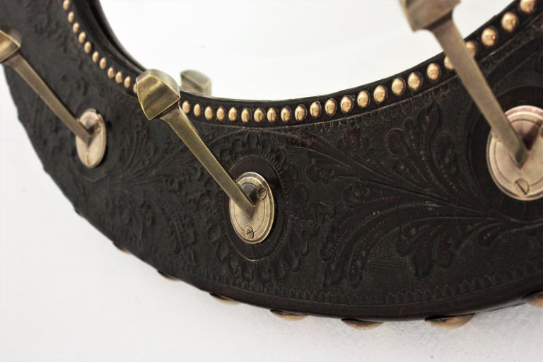 Spanish Colonial Coat Rack Wall Mirror in Repousse Leather and Brass ...