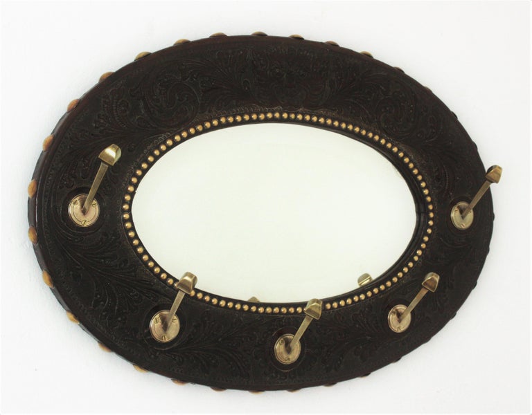Spanish Colonial Coat Rack Wall Mirror in Repousse Leather and Brass ...