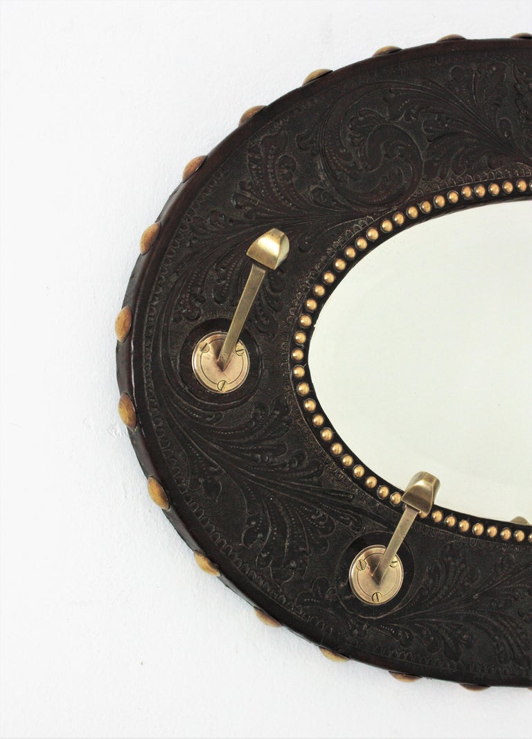 Spanish Colonial Coat Rack Wall Mirror in Repousse Leather and Brass ...