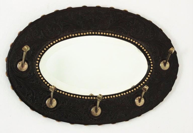 Spanish Colonial Coat Rack Wall Mirror in Repousse Leather and Brass ...