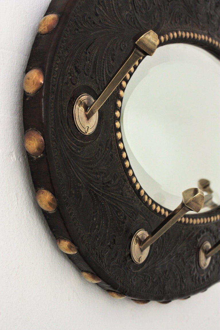 Spanish Colonial Coat Rack Wall Mirror in Repousse Leather and Brass ...