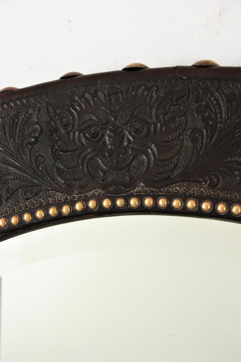 Spanish Colonial Coat Rack Wall Mirror in Repousse Leather and Brass ...