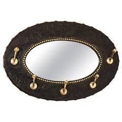 Spanish Colonial Coat Rack Wall Mirror in Repousse Leather and Brass