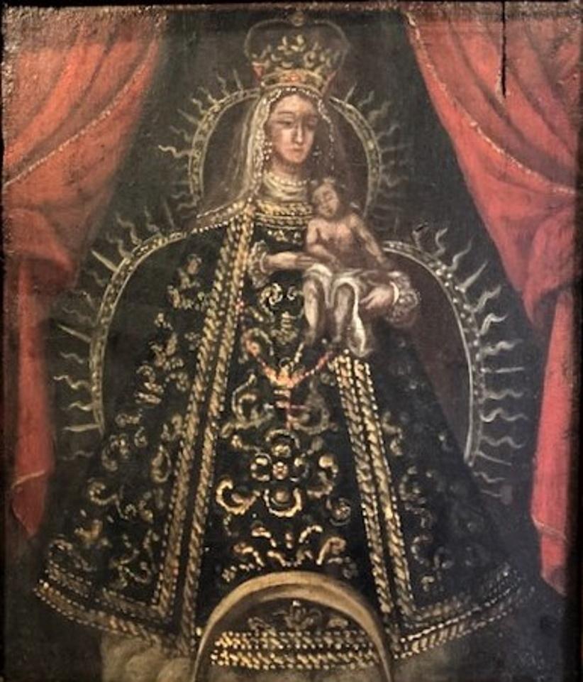 Spanish Colonial
Madonna and Child
Original oil on wood painting
XVIII century

DETAILS 
Original period frame. 

PAINTING DIMENSIONS 
Height: 6-3/8 inches 
Width: 7.5 inches 
Depth: 1.25 inches

FRAME DIMENSIONS 
Width: 3 inches.
 