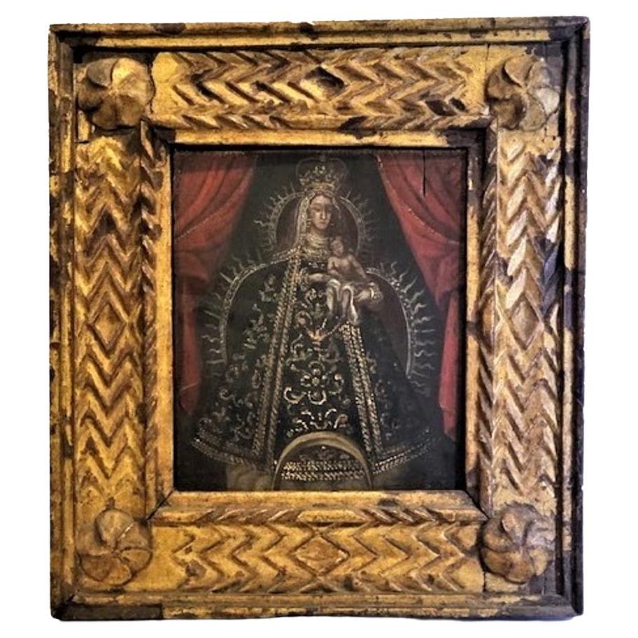 Spanish Colonial, Madonna and Child, Original Oil on Wood Painting, XVIII C