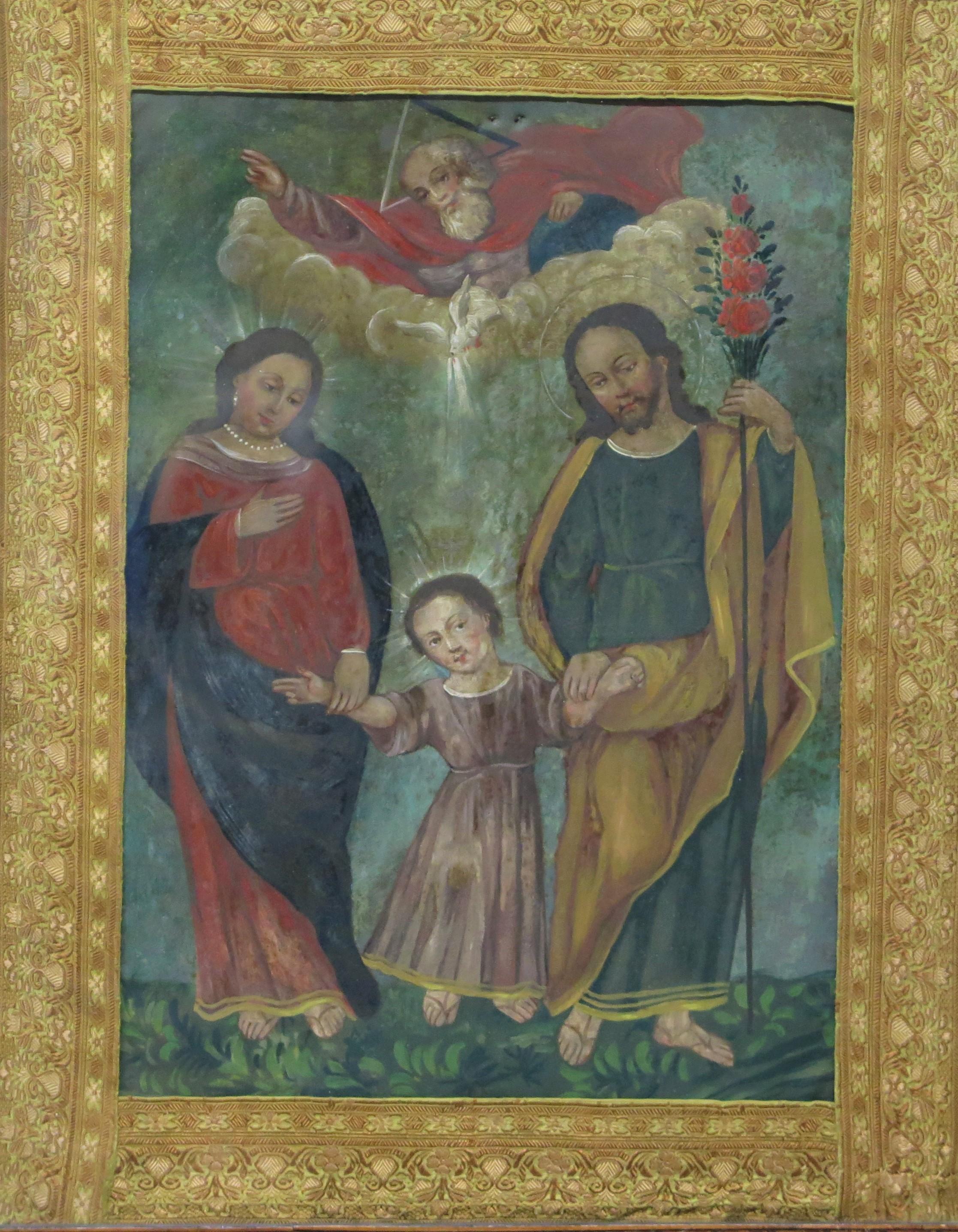 Spanish Colonial / Mexican Holy Family oil on tin retablo depicting the Holy Family, featuring Jesus (the Christ child), Mary, and Joseph with a dove flying overhead that symbolizes the Holy Spirit. Mary and Joseph holds Jesus' hands as they walk