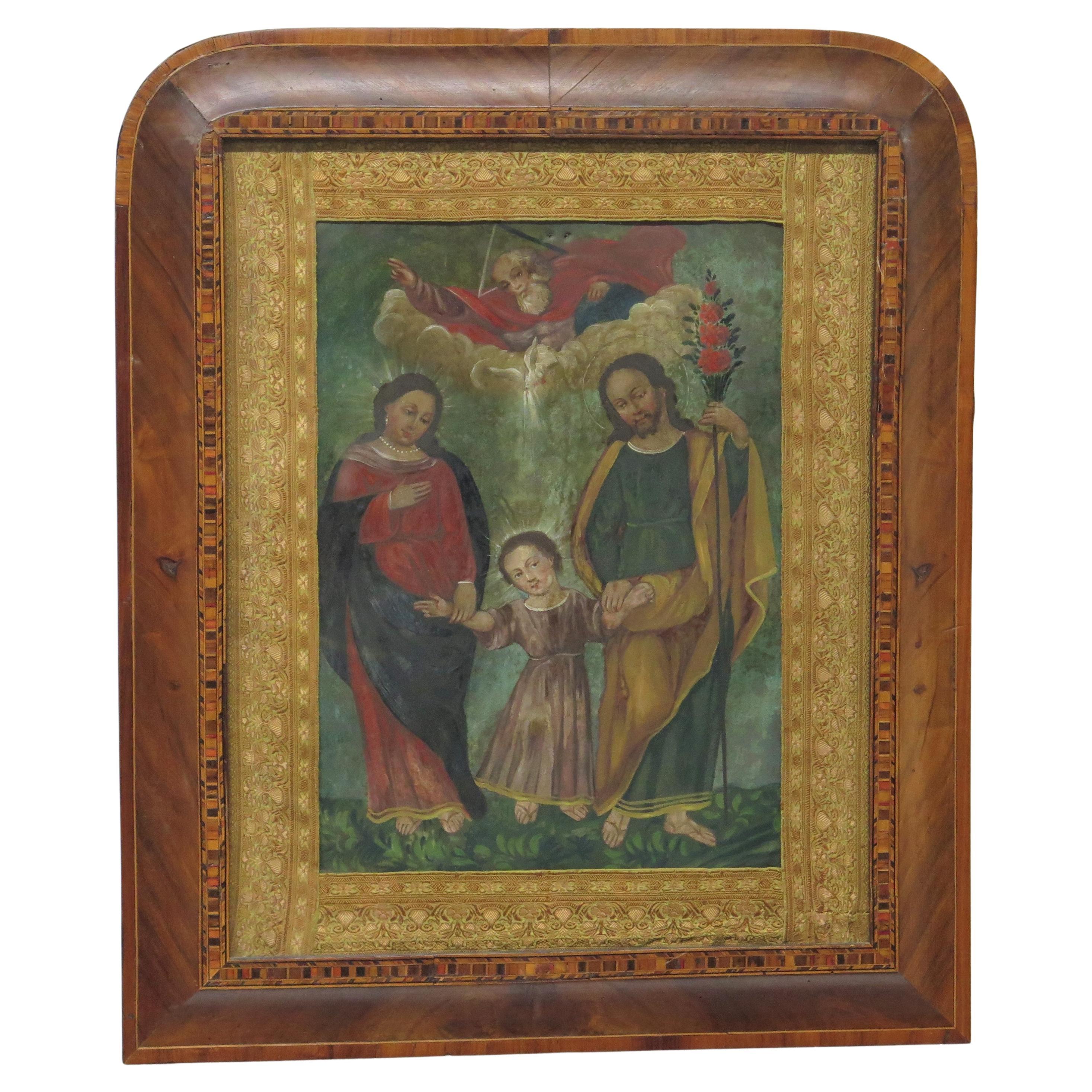 Spanish Colonial / Mexican "Holy Family' Oil on Tin Retablo