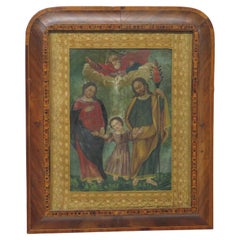 Antique Spanish Colonial / Mexican "Holy Family' Oil on Tin Retablo