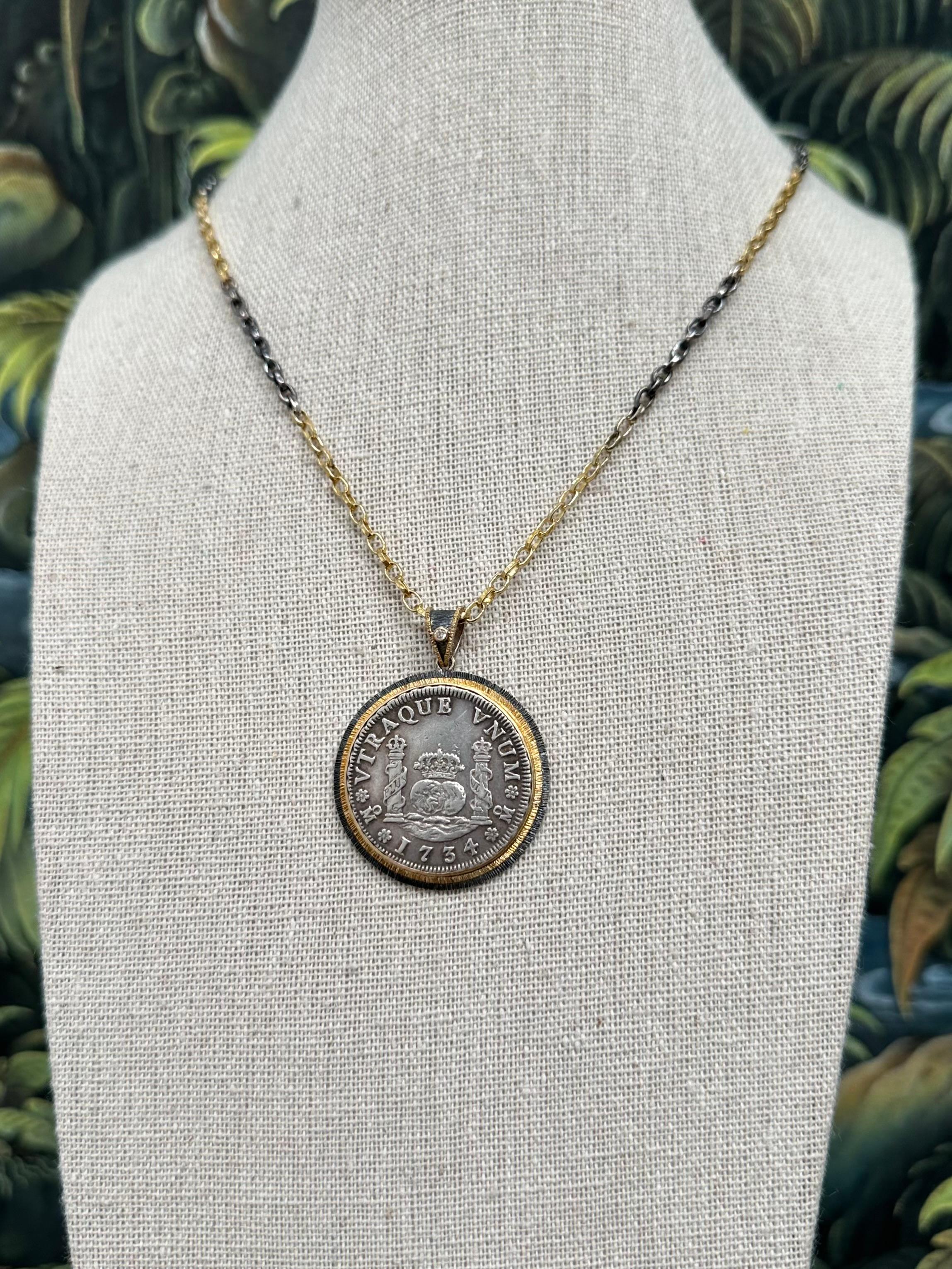 Spanish Colonial Mexico 1734 Two Reales Coin Diamond Sterling 18K Gold Pendant For Sale 4