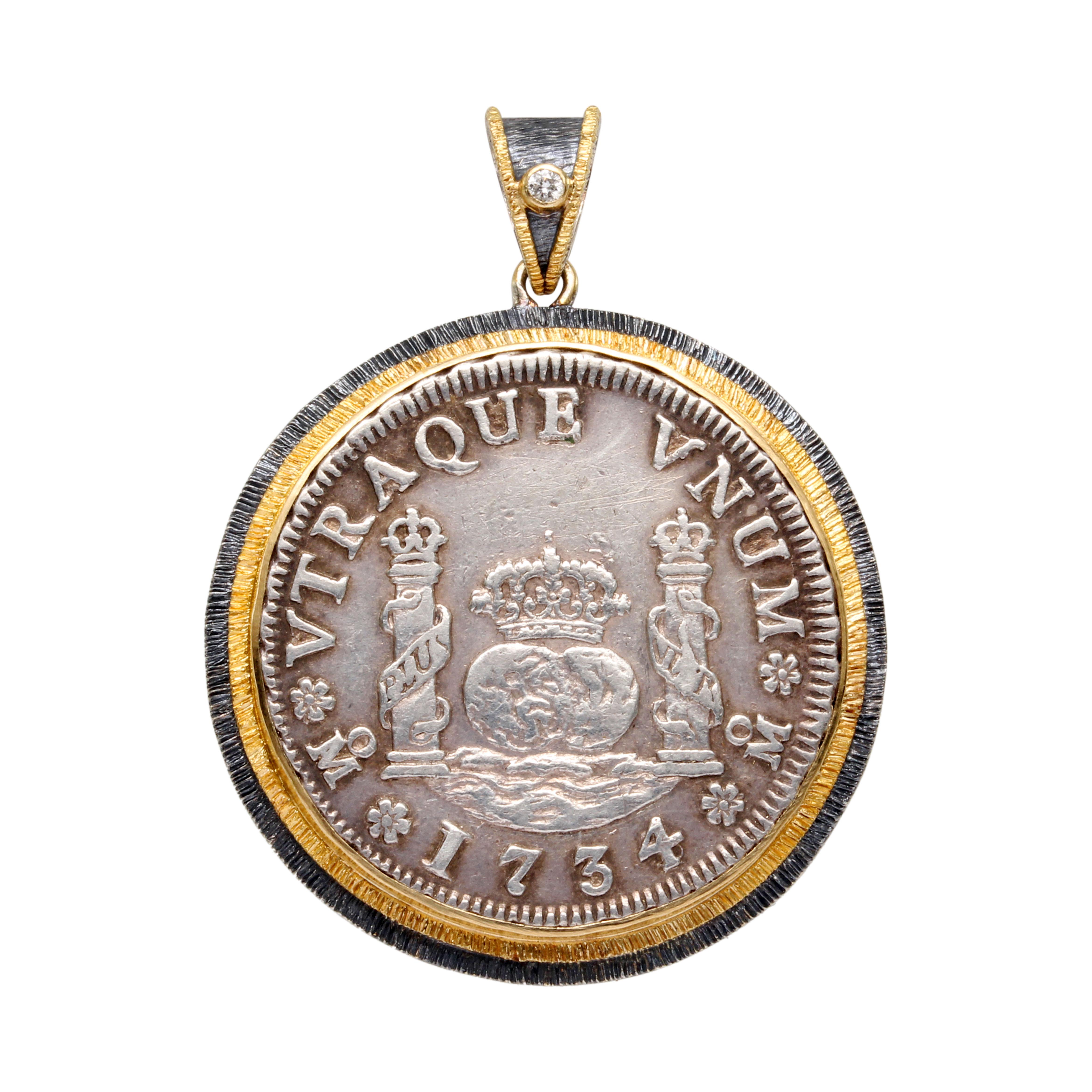 Spanish Colonial Mexico 1734 Two Reales Coin Diamond Sterling 18K Gold Pendant For Sale 1