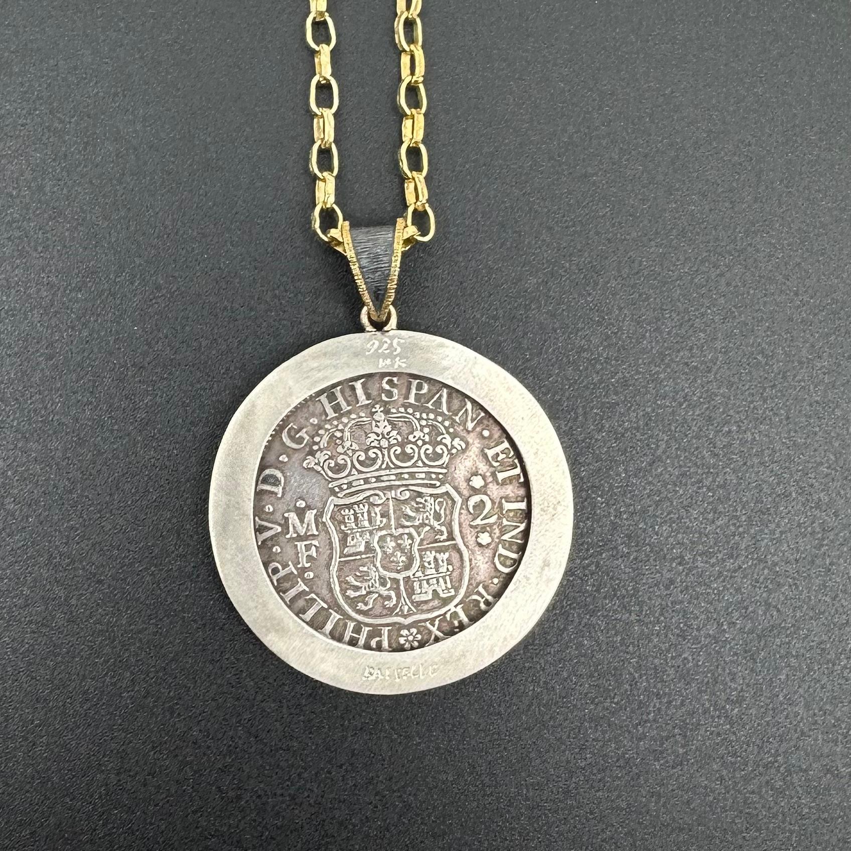 Spanish Colonial Mexico 1734 Two Reales Coin Diamond Sterling 18K Gold Pendant For Sale 2