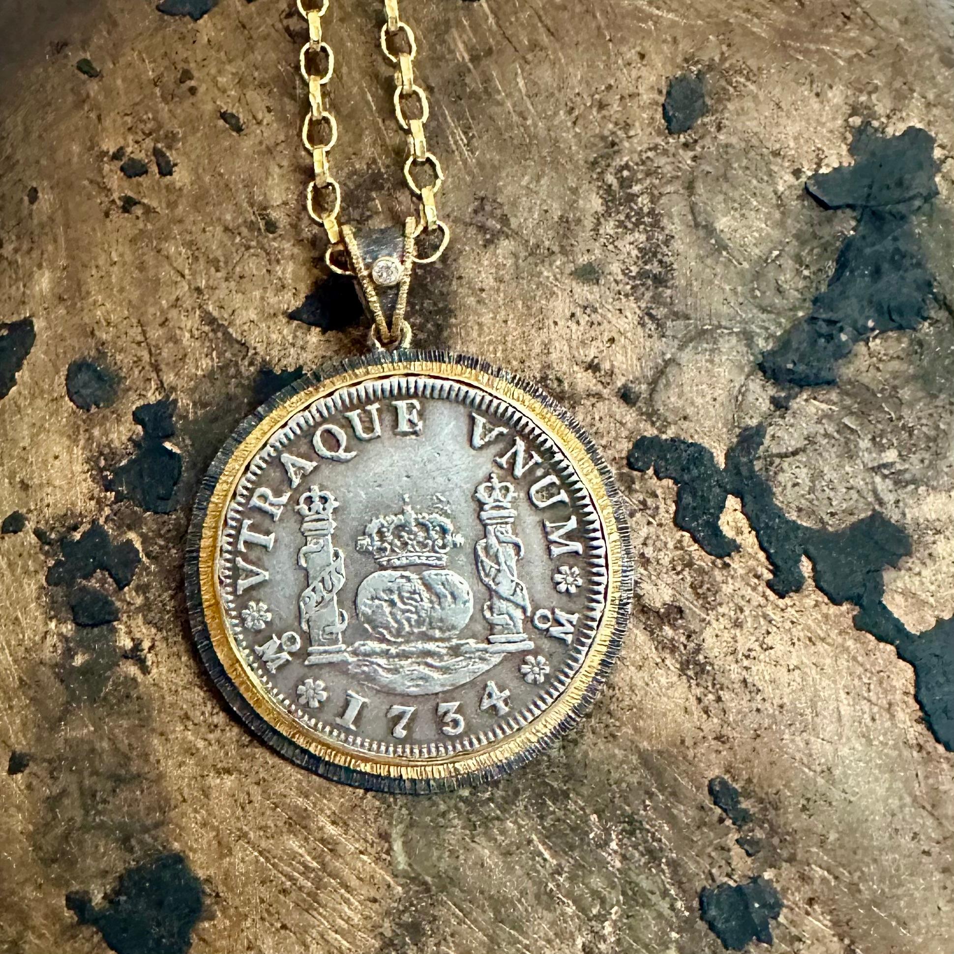 Spanish Colonial Mexico 1734 Two Reales Coin Diamond Sterling 18K Gold Pendant For Sale 3