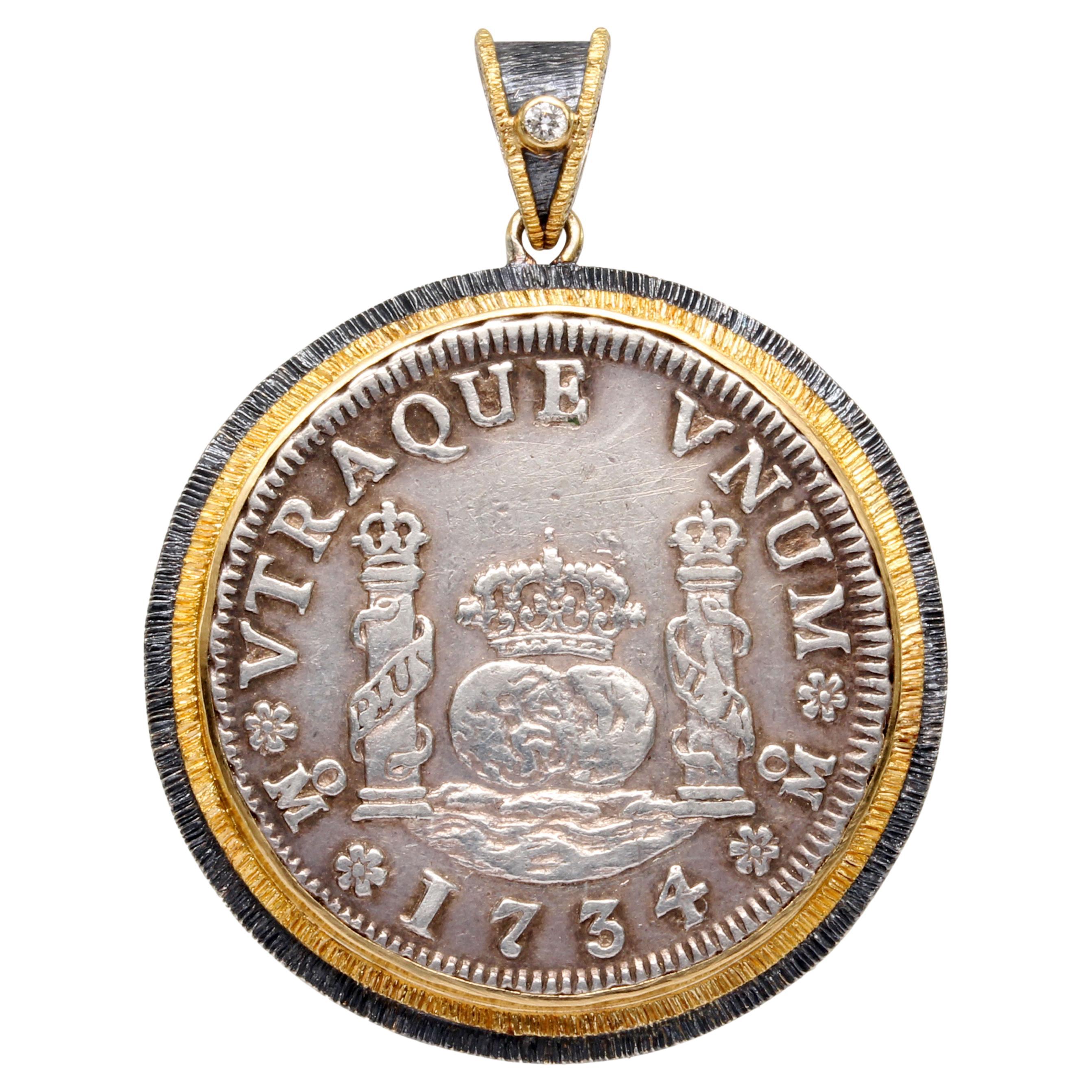 Spanish Colonial Mexico 1734 Two Reales Coin Diamond Sterling 18K Gold Pendant