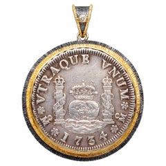 Spanish Colonial Mexico 1734 Two Reales Coin Diamond Sterling 18K Gold Pendant