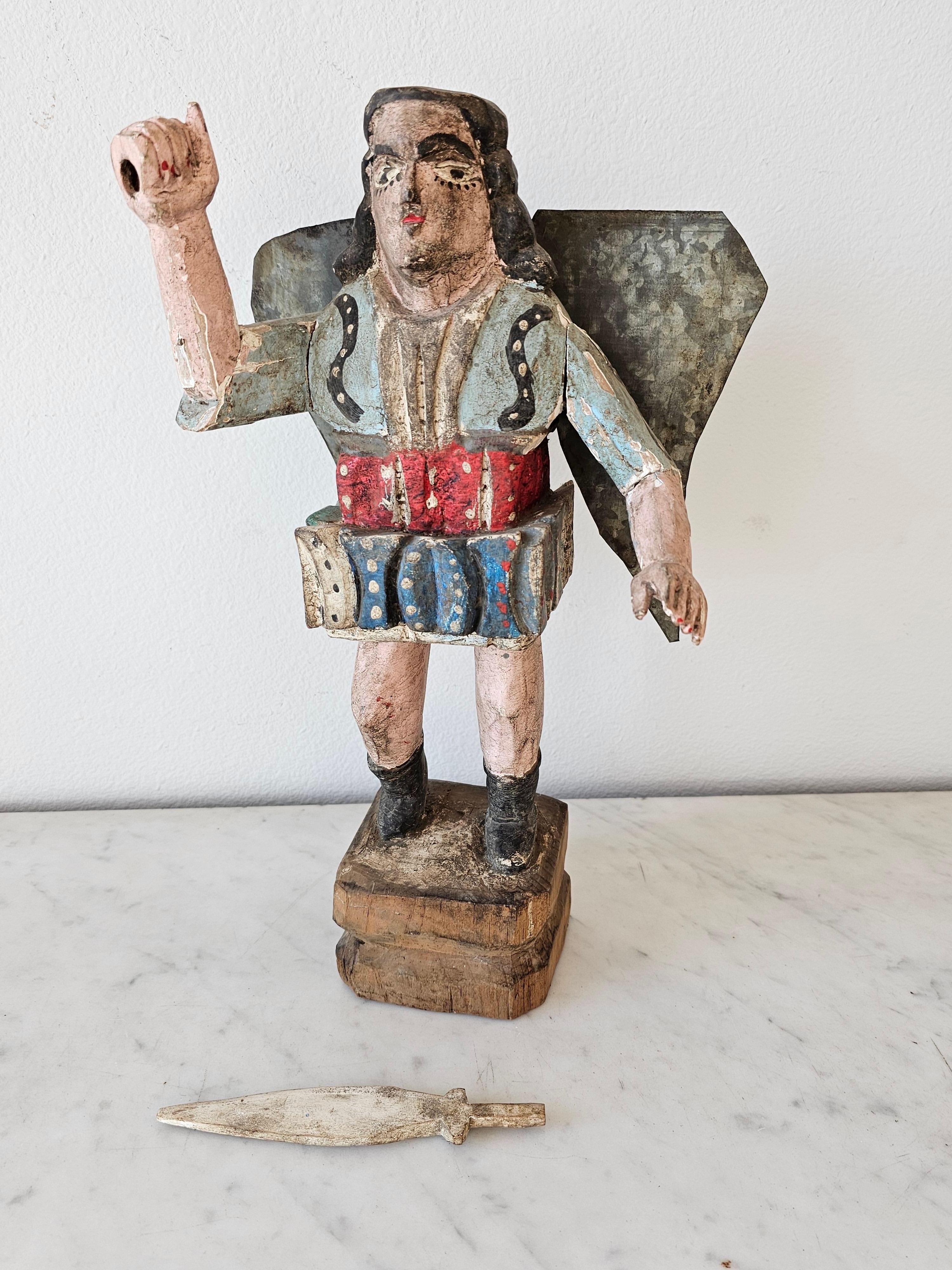 Spanish Colonial Mexico Carved Painted Archangel Santo Religious Sculpture 2