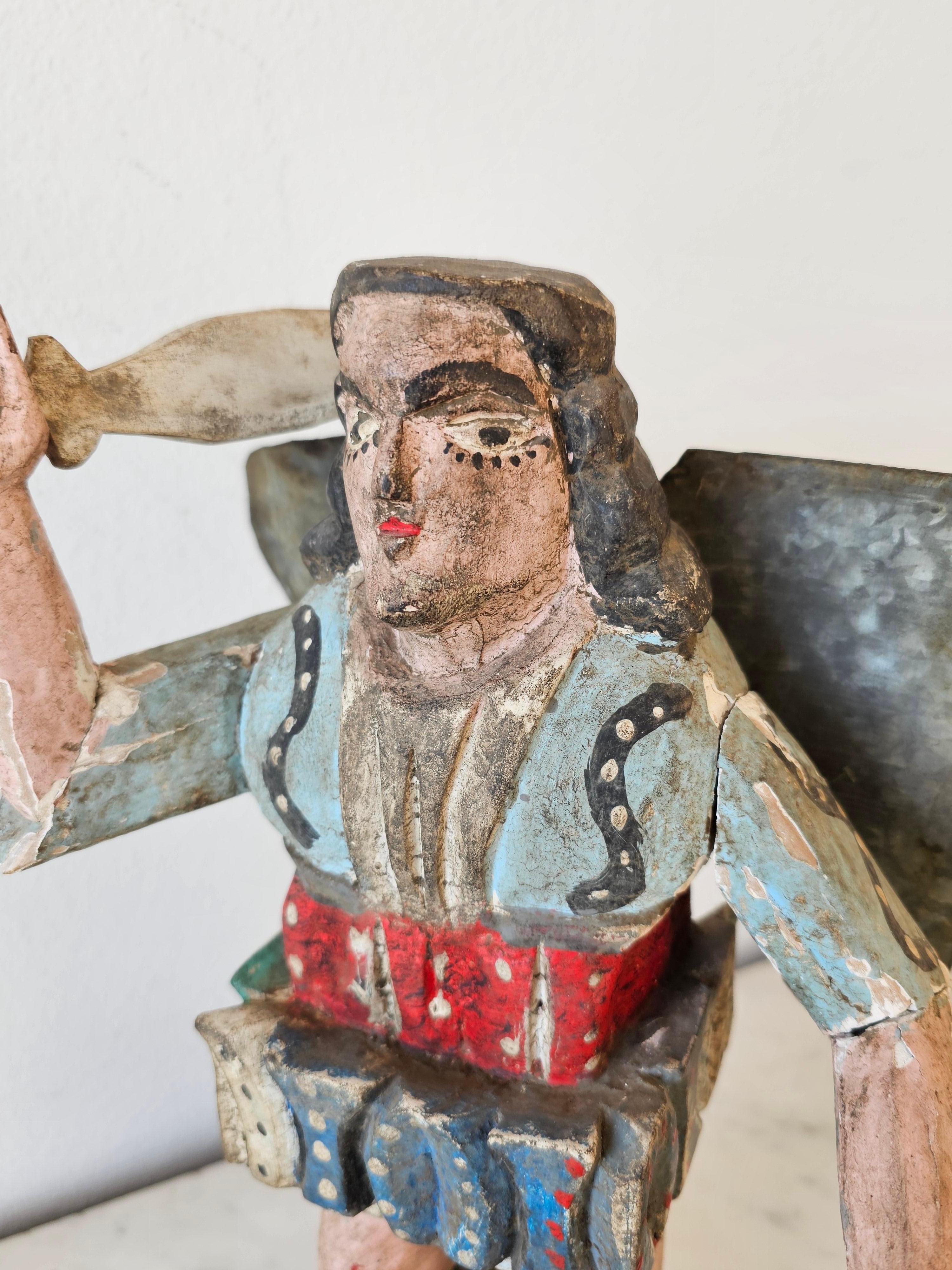 Spanish Colonial Mexico Carved Painted Archangel Santo Religious Sculpture  In Fair Condition For Sale In Forney, TX