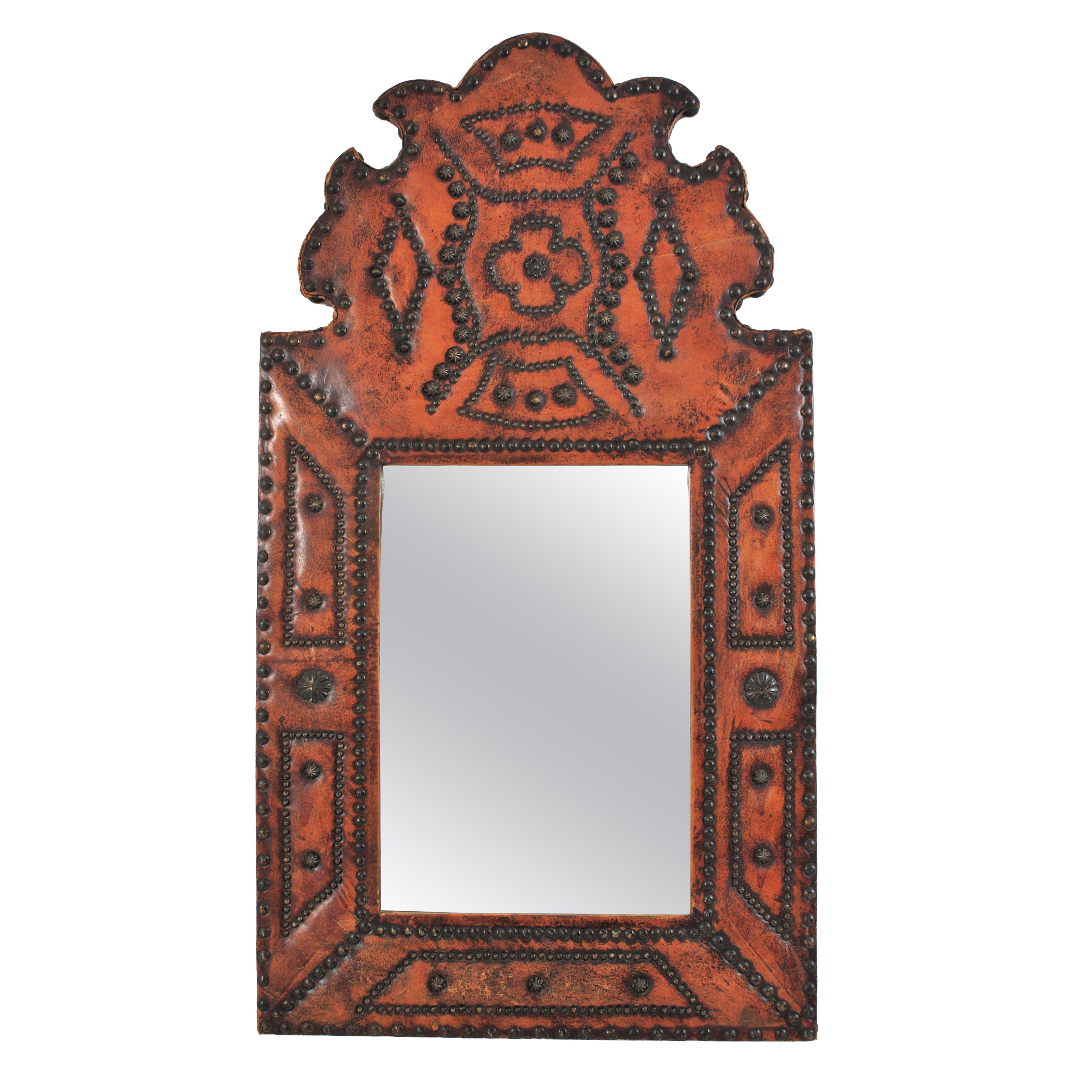 Spanish Colonial Mirror in Leather and Iron Studwork Decoration, 1940s